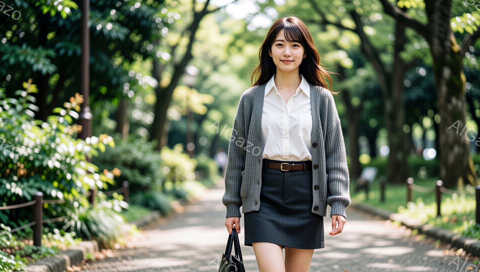 若い女性が、白シャツにグレーのカーディガン、黒のミニスカートという服装で、石畳の道を歩いています。彼女は髪をセンターパートにし、微笑みを浮かべています。背景には緑豊かな木々が生い茂り、明るい日差しが差し込み、穏やかな雰囲気です。