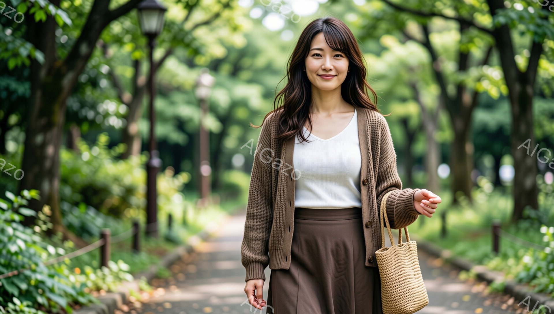 長い茶色の髪を軽くカールさせた女性が、ベージュのカーディガンとブラウンのスカートを身につけ、白いトップスを合わせている。彼女は道を歩きながら、藁で作られた籠のバッグを持っています。背景には緑豊かな木々と遊歩道が広がり、穏やかで晴れた日の散歩を楽しんでいるような、リラックスした雰囲気が漂っている。