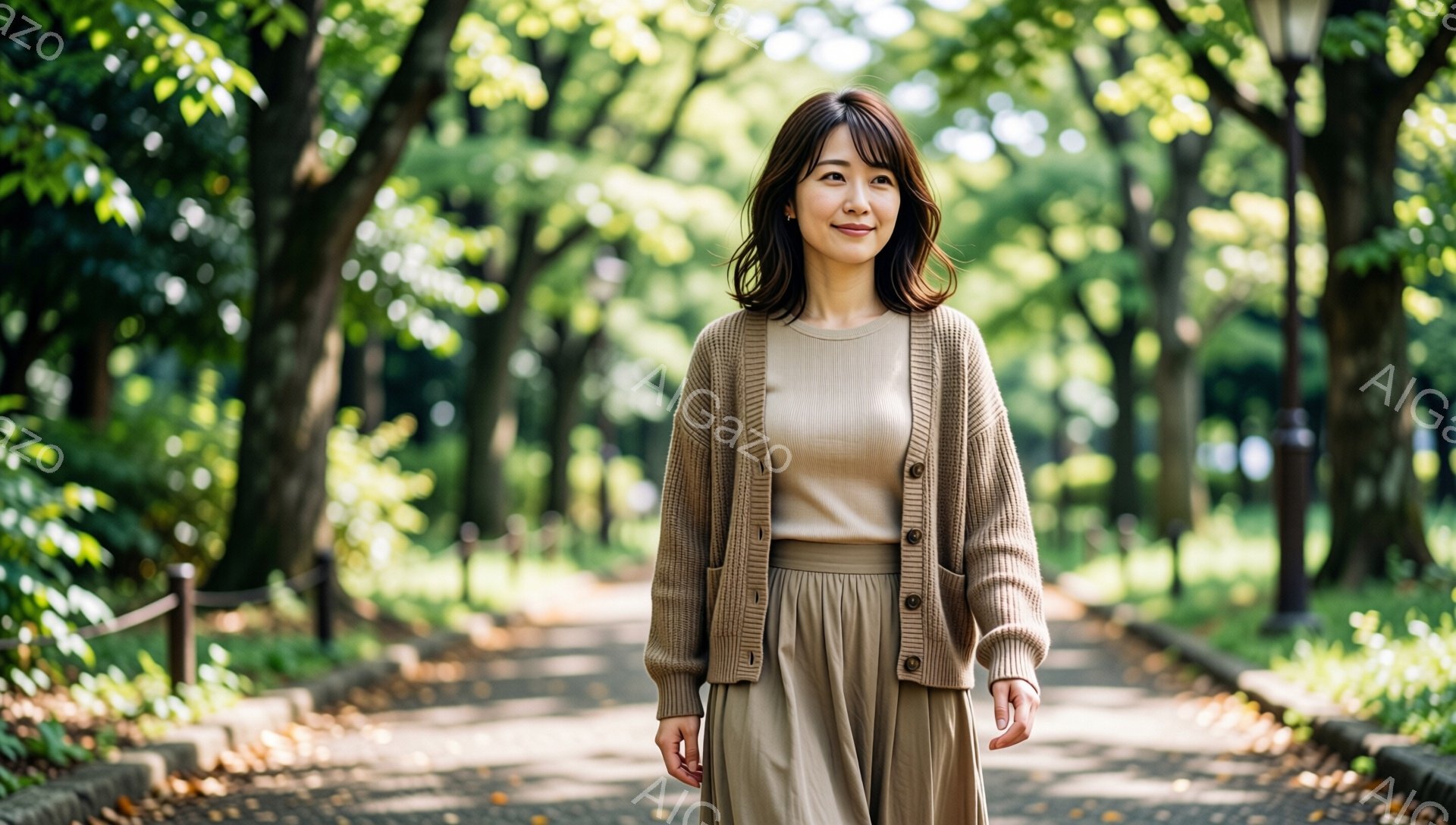 明るい日差しの公園で、ベージュのカーディガンとスカートを身に着けた女性が写っています。彼女は軽く微笑み、リラックスした表情で正面を見ています。背景には緑豊かな木々が立ち並び、遊歩道を照らす光が暖かく、 - AI生成フリー素材