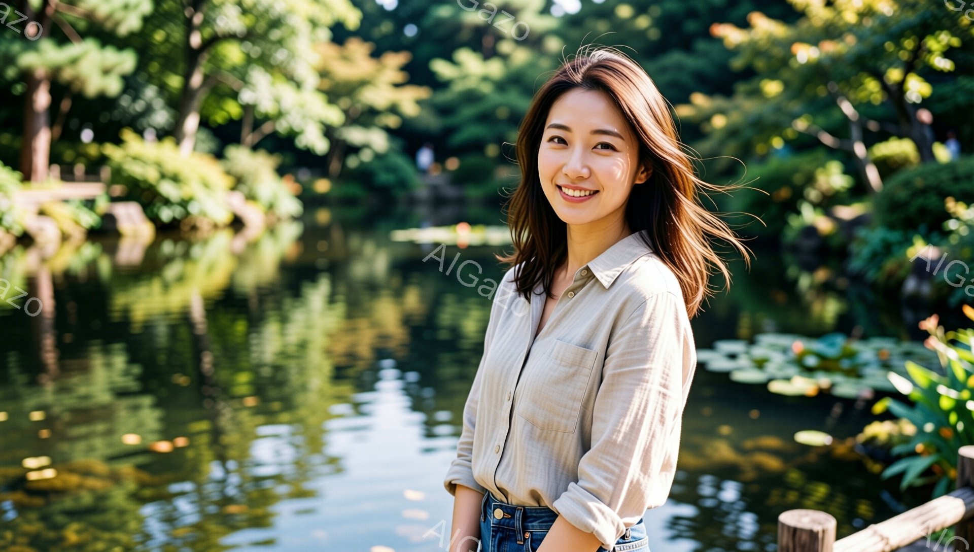若い女性が穏やかな表情でカメラに向かって微笑んでいる。ベージュ色のシャツとデニムのズボンを着用し、少し風になびくゆるいウェーブヘアが印象的だ。背景には緑豊かな木々と水面が広がり、自然に囲まれた平和な雰 - AI生成フリー素材