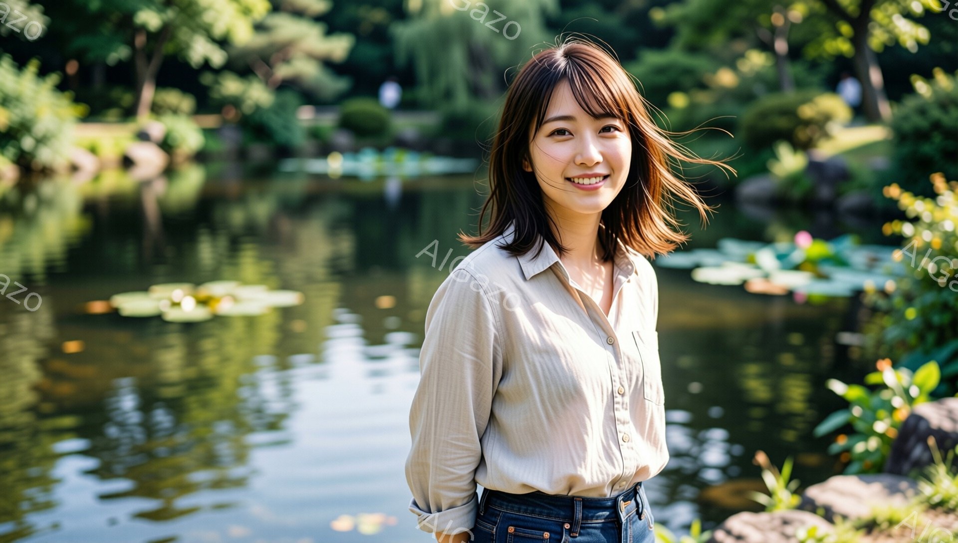 長い茶髪を肩のあたりで切り揃えた女性が、ベージュ色のシャツと濃い色のジーンズ姿で微笑んでいます。彼女はわずかに体を左に向け、カメラの方を見て穏やかな表情を浮かべています。背景には緑豊かな木々と水面が広がる池があり、穏やかで自然に囲まれた雰囲気です。