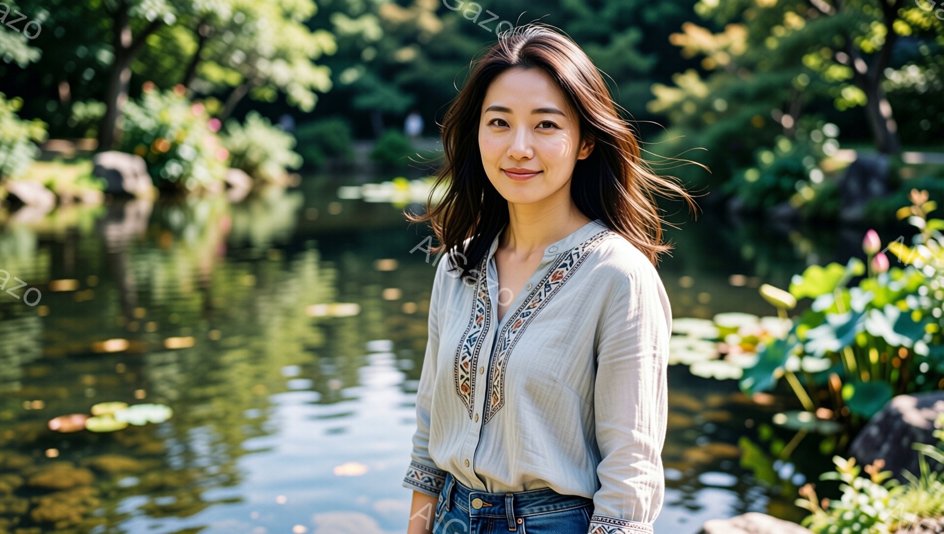 長い髪を肩のあたりで軽く巻いた女性が写っています。オフホワイトの刺繍入りブラウスとデニムパンツを身に着け、穏やかな笑顔を浮かべています。背景には緑豊かな植物と水面が広がり、水には蓮の花が咲き、自然の中でリラックスした雰囲気が漂っています。