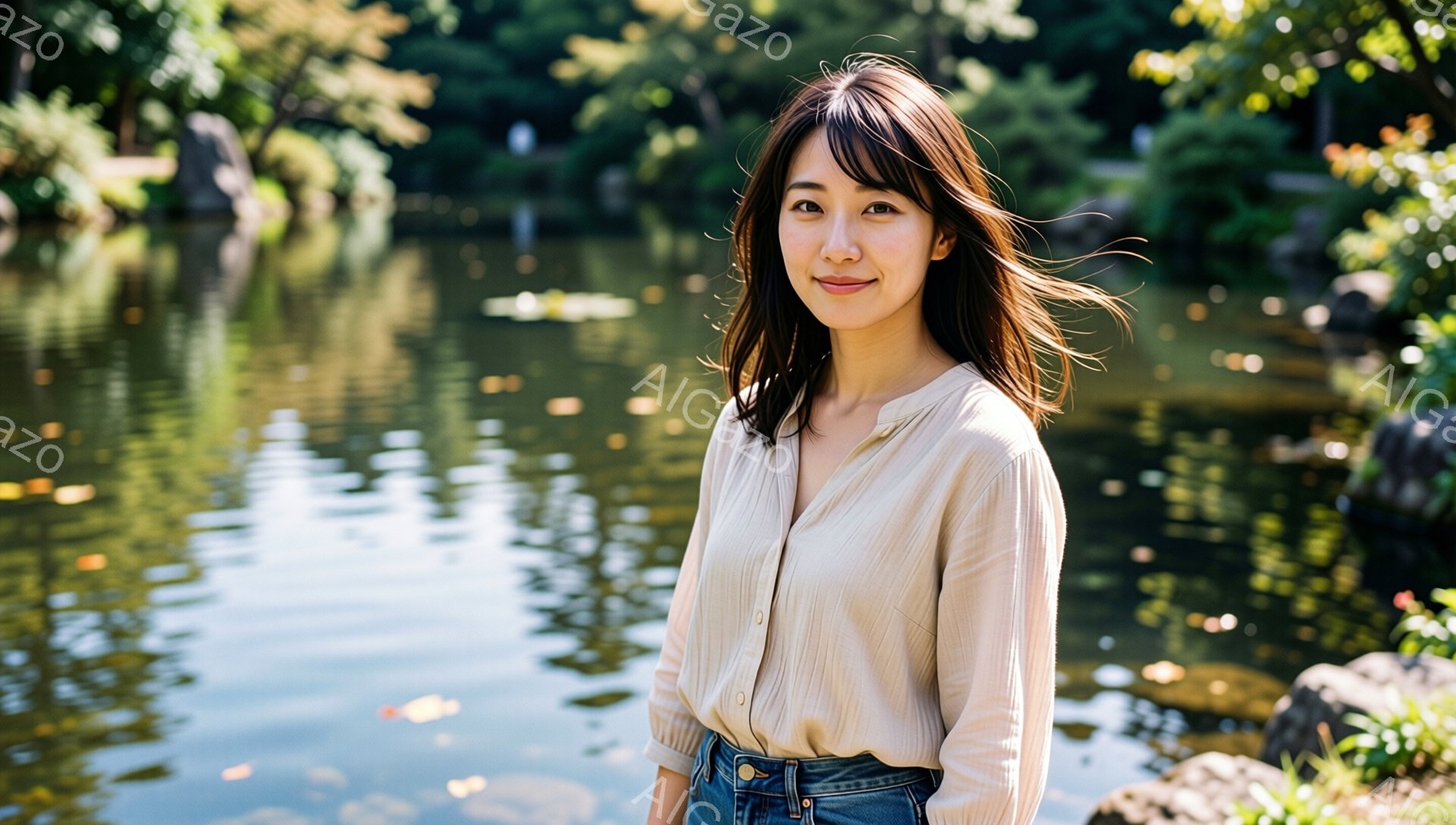 明るい表情の若い女性が写っている。ベージュ色のブラウスとデニムのパンツを着用し、少し無造作なヘアスタイルで、穏やかな微笑みを浮かべている。背景には緑豊かな木々や水面が広がり、晴れた日の自然の中でリラッ - AI生成フリー素材