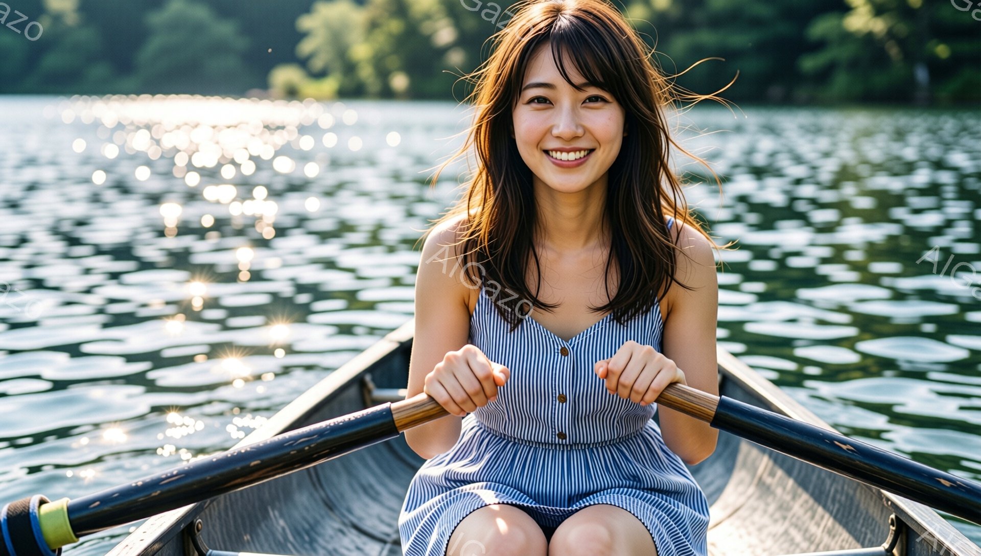 ストライプのワンピースを着た若い女性が、ボートを漕いでいる様子が写っています。彼女は笑顔で前を見つめ、リラックスした姿勢でオールを握っています。背景にはキラキラと輝く水面と緑豊かな自然が広がり、穏やかで晴れた日のボート遊びを楽しむ雰囲気が伝わってきます。