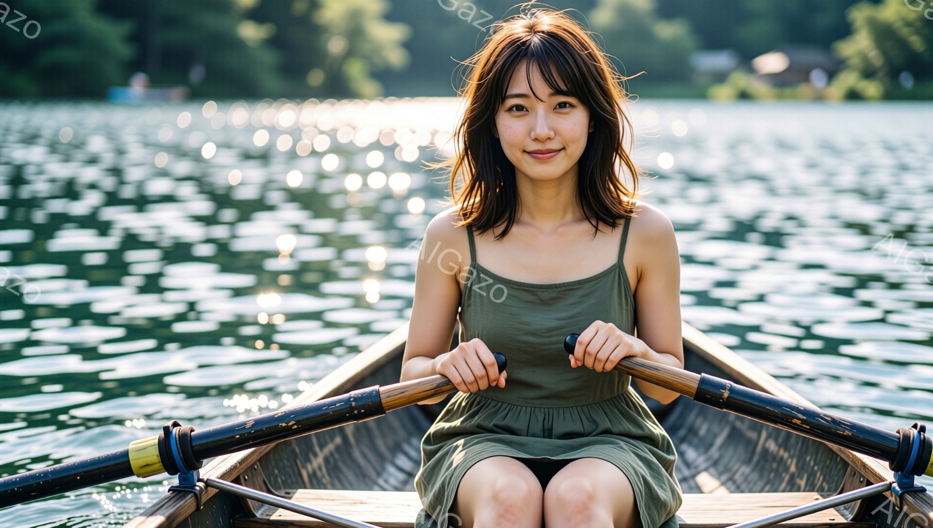 緑色のキャミソールワンピースを着た女性が、ボートに乗ってオールを漕いでいる。彼女は肩まで伸ばした髪を少し無造作にまとめ、穏やかな笑顔を浮かべている。背景には、キラキラと輝く水面が広がり、穏やかで平和な雰囲気が漂っている。