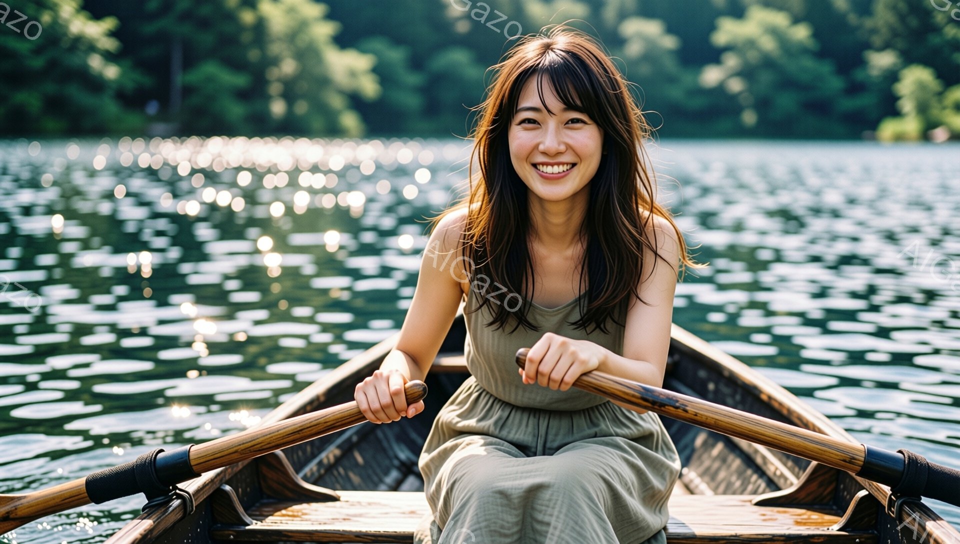ボートに座った女性は、明るい笑顔を浮かべている。オリーブ色のゆったりとしたワンピースを着ており、長い髪は自然に肩にかかっている。背景には太陽の光が水面に反射してきらめき、緑豊かな自然が広がり、穏やかで - AI生成フリー素材