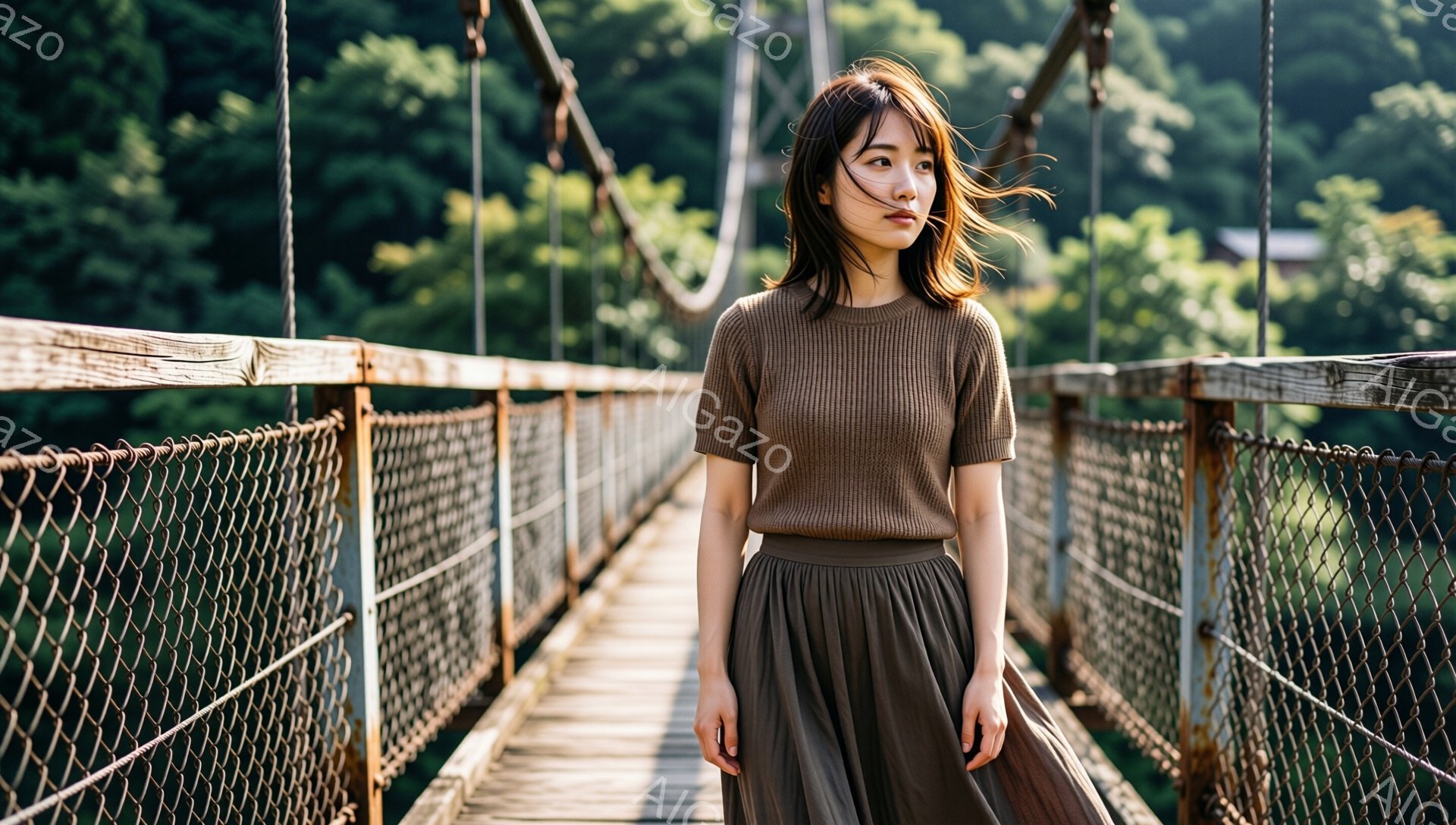 茶色の長袖シャツと、プリーツのロングスカートを身につけた女性が、吊り橋の上を歩いている。彼女は少し横を向き、風になびく髪と穏やかな表情が印象的だ。背景には緑豊かな木々が広がり、吊り橋のロープと木製の床が自然と調和した、静かで穏やかな雰囲気を醸し出している。