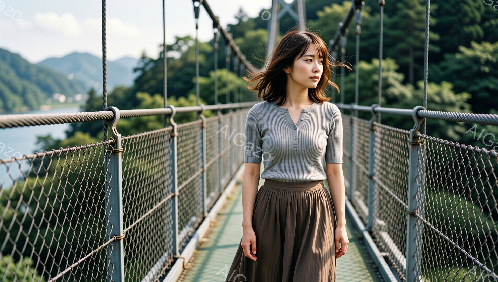 彼女は、グレーのニットセーターと茶色のロングスカートを身に着けて、吊り橋の上を歩いています。彼女は少し横を向き、遠くを見つめており、髪は肩のあたりで軽くウェーブがかかっています。背景には緑豊かな山々と穏やかな湖が広がり、晴天の下、自然に囲まれた静かで穏やかな雰囲気が漂っています。