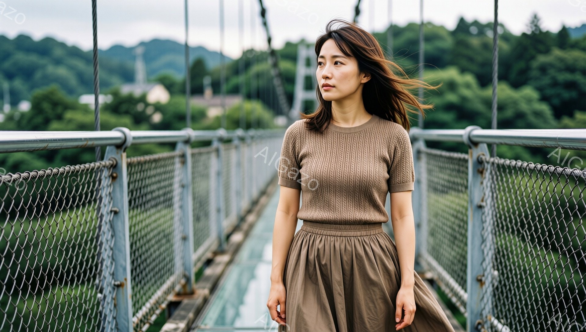 茶色のニットセーターとスカートを着た若い女性が、吊り橋の上を歩いている。彼女は右を向き、少し憂いを帯びた表情で遠くを見つめている。背景には緑豊かな山々と、かすかに見える建物があり、全体的に少し寂しげでノスタルジックな雰囲気が漂っている。