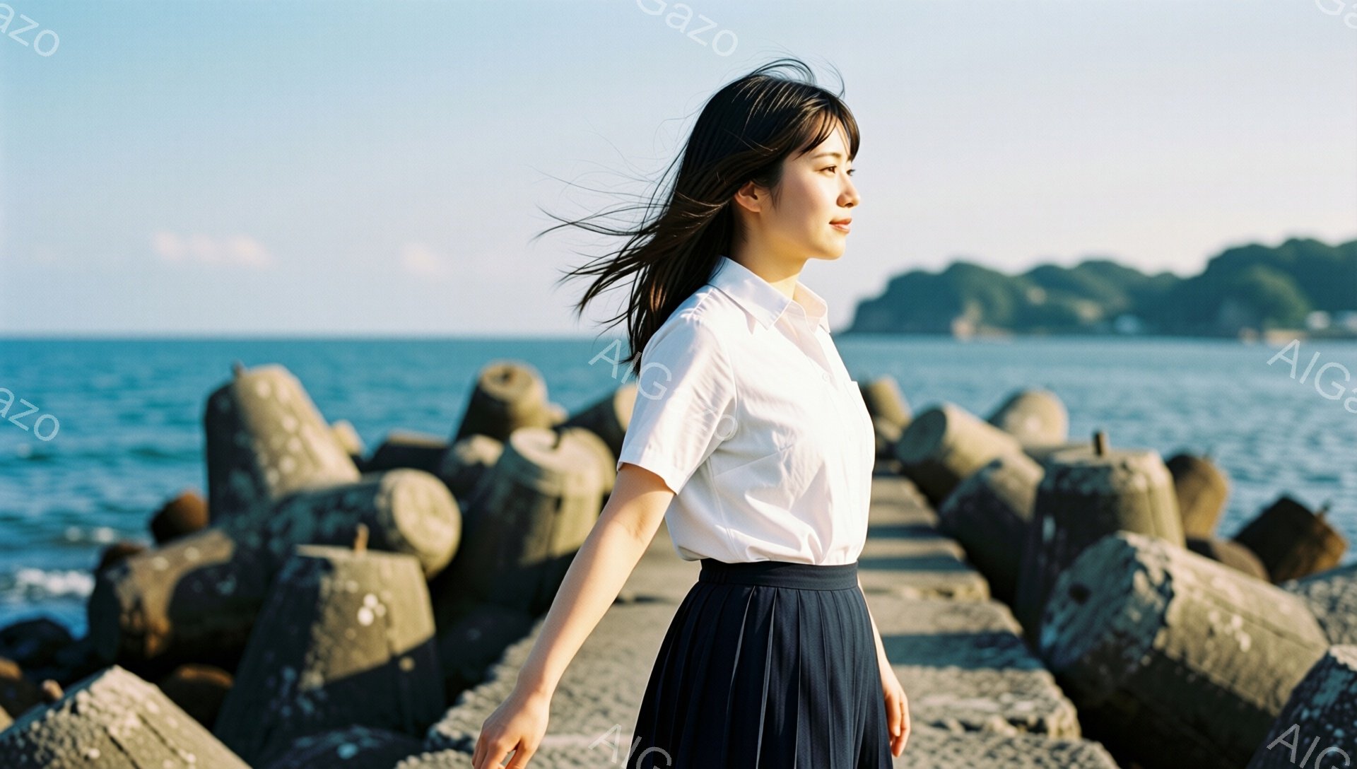 海辺の防波堤の上に立つ女性が写っている。白いシャツに濃い紺色のプリーツスカートを着用し、風になびく長い黒髪が印象的だ。彼女は横顔で、遠くを見つめ、リラックスした姿勢で穏やかな雰囲気を醸し出している。