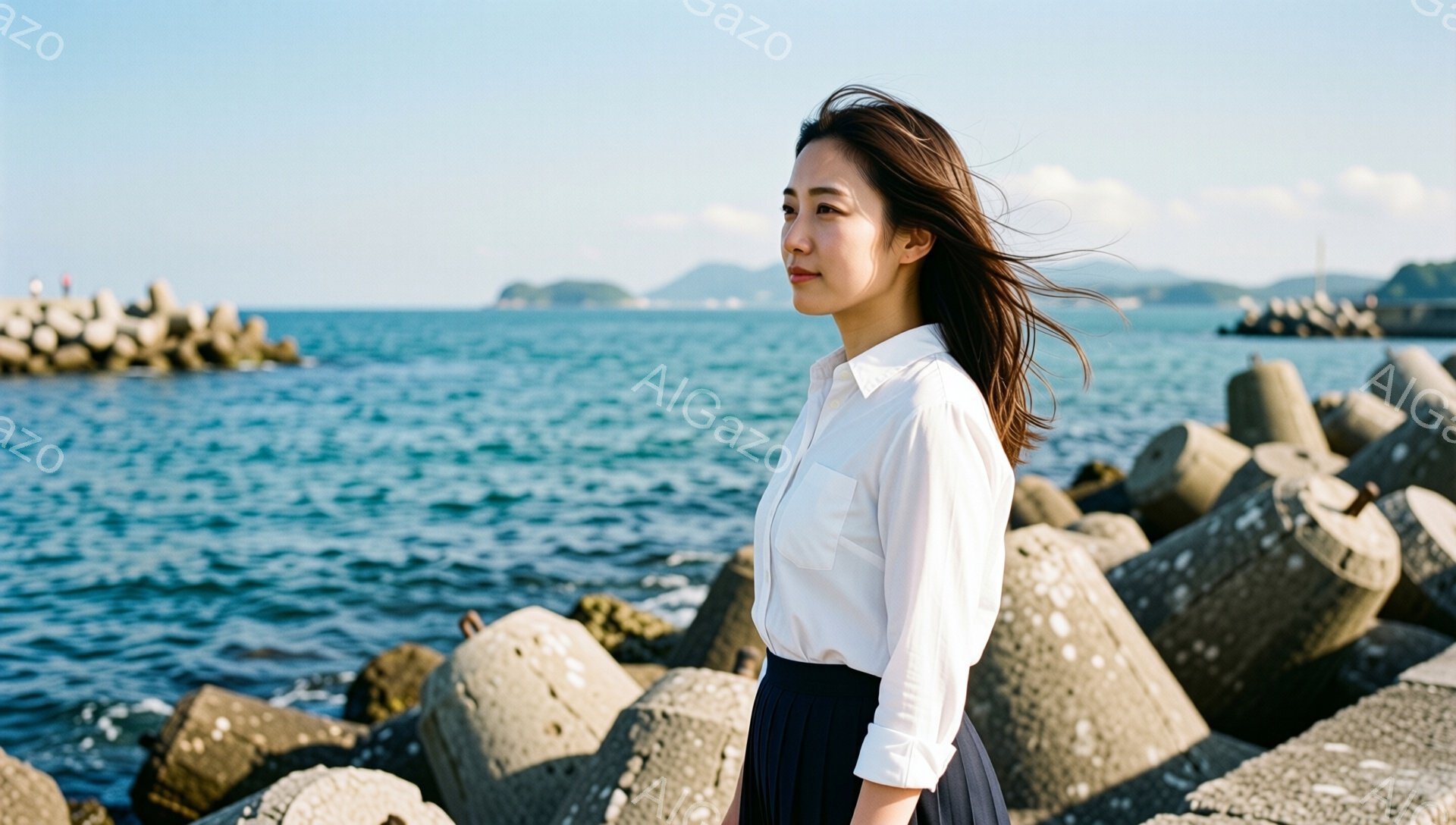 長い黒髪を風になびかせながら、白いシャツと黒いスカートを着た女性が、コンクリートの防波堤のそばに立っている。彼女は横顔で、どこか遠くを見つめるような、物憂げな表情をしている。背景には青い海と、霞んだ山々が広がり、穏やかで少し寂しげな雰囲気を醸し出している。