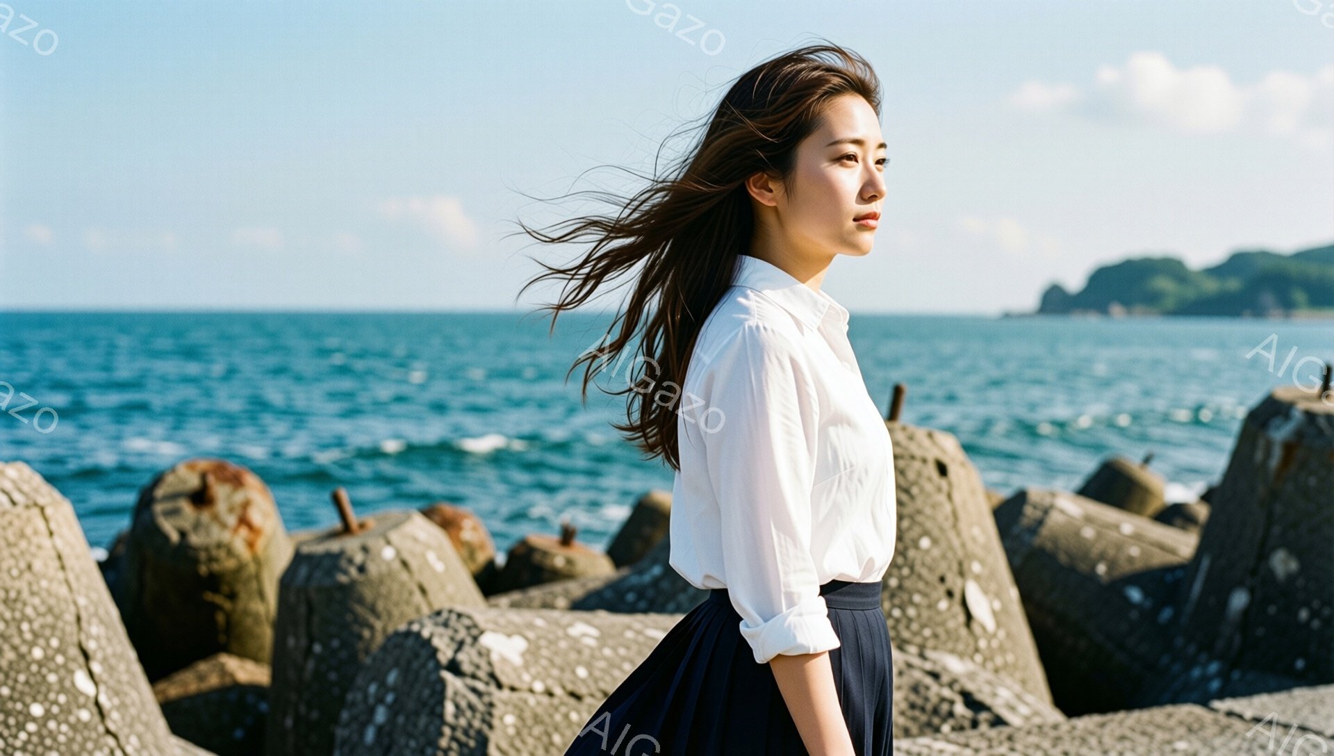 長い黒髪が風になびき、白いシャツと濃い青色のスカートを身につけた女性が、打ち上げられた岩場に立っている。彼女は横を向き、遠くの海を見つめており、表情はどこか物憂げで、静寂な雰囲気を醸し出している。背景には青い海と緑の山々が広がり、晴天の下、穏やかな夏の日の光景が描かれている。