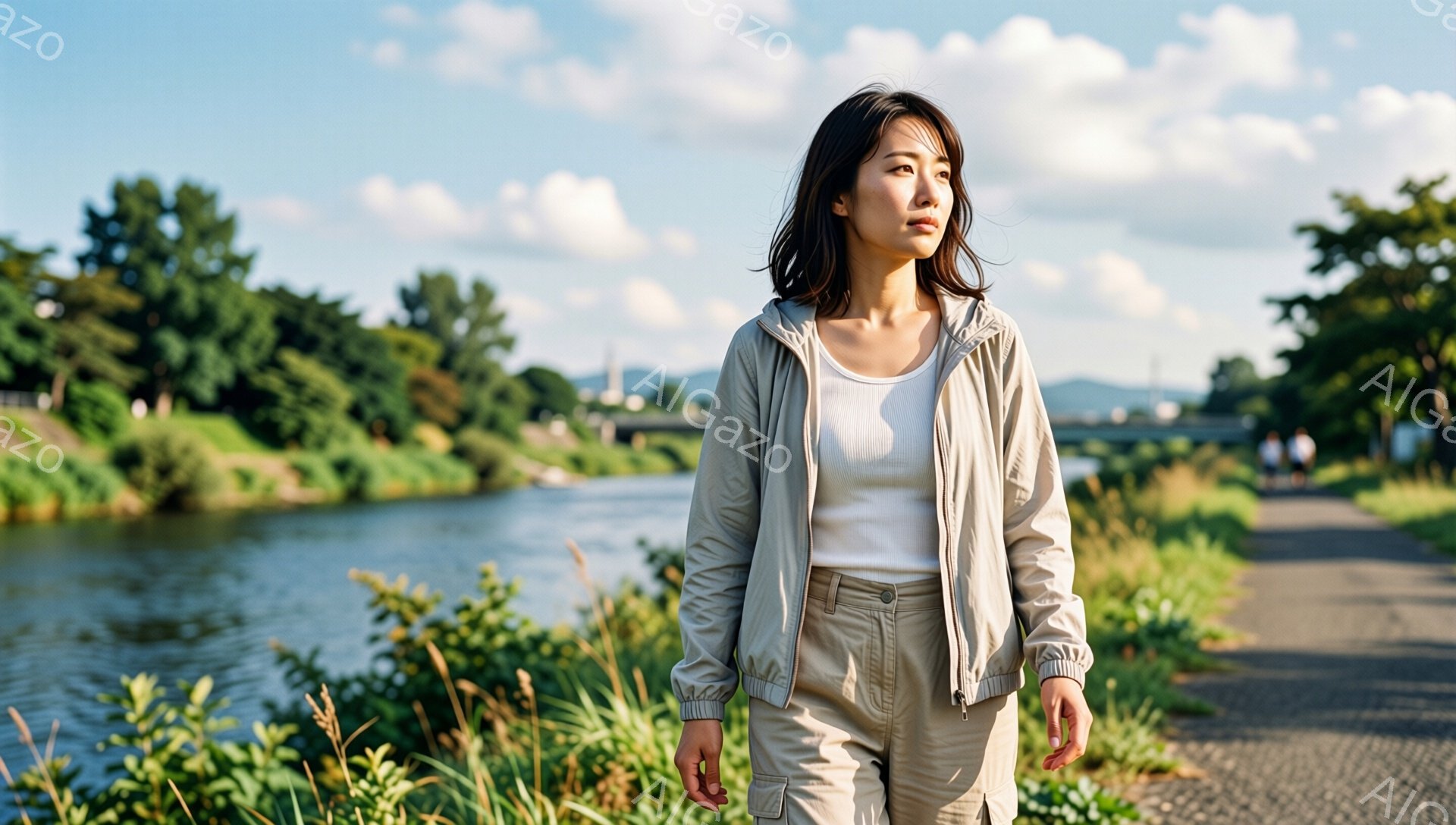若い女性が、ベージュのウィンドブレーカーとカーゴパンツ姿で、川沿いの道を進んでいます。彼女は少し上を見つめ、やや憂いを含んだ表情をしています。背景には緑豊かな川、舗装された遊歩道、そして遠くの山々が広がっており、晴れた空の下、穏やかな雰囲気が漂っています。