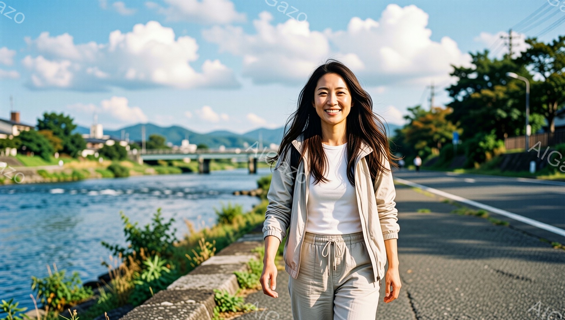 明るい日差しの下、女性がアスファルトの道の上を歩いている。ベージュ色のトラックジャケットとパンツを着用し、長い黒髪を風になびかせながら、笑顔でカメラを見つめている。背景には川、緑豊かな植物、そして遠くには山々が見え、穏やかで自然豊かな雰囲気が漂っている。