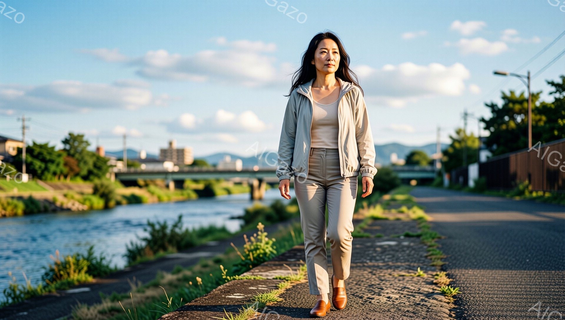 中年の女性がアスファルトの遊歩道を歩いている。ベージュ色のジャケットとパンツを着用し、茶色の革靴を履いている。背景には川、緑豊かな植物、遠くの山々が見え、晴れた空には雲が広がっている。