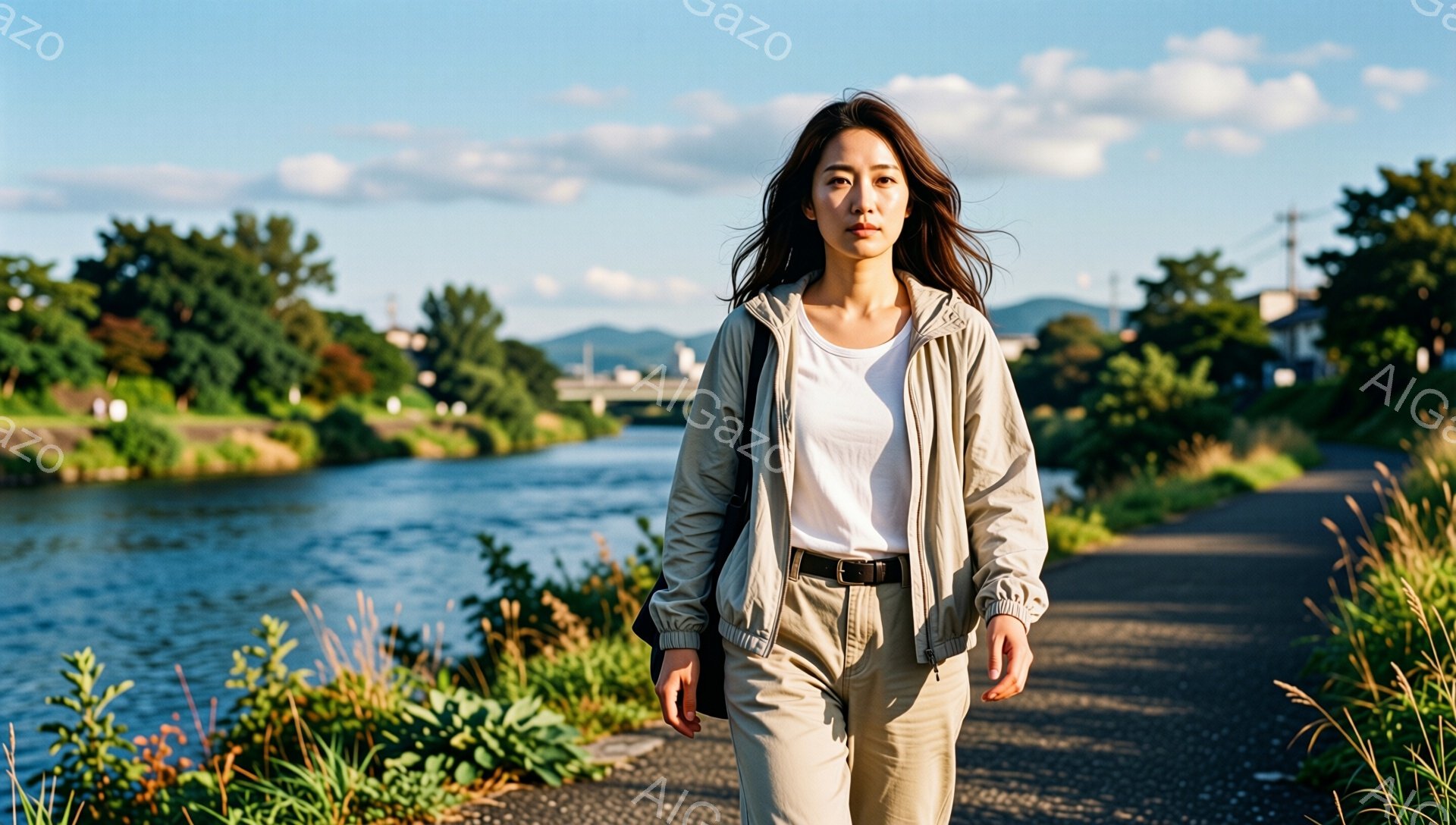 長い髪を無造作に垂らした女性が、ベージュ色のウィンドブレーカーとパンツ姿でアスファルトの道を進んでいる。彼女はやや伏し目がちで、落ち着いた表情を見せている。背景には川と緑豊かな草むら、遠くには山々と建物が見え、晴れた空の下、穏やかな雰囲気が漂っている。