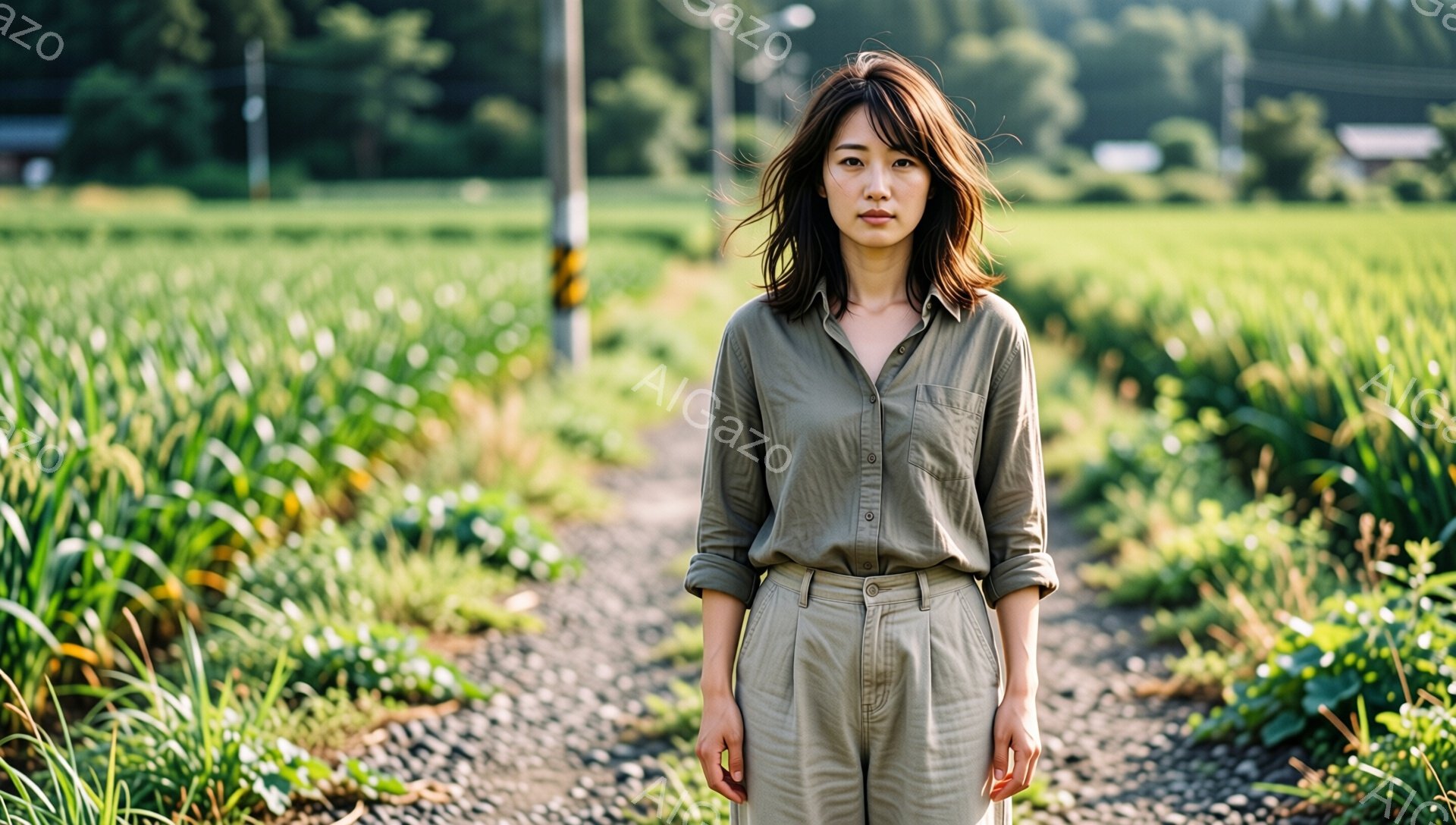 浅い緑色のシャツとパンツを着用した女性が、田園風景の中に立っている。彼女は少し憂いを含んだ表情で、無造作に肩までの髪を垂らしている。背景には緑豊かな畑が広がり、土の道が彼女の足元に続いている。