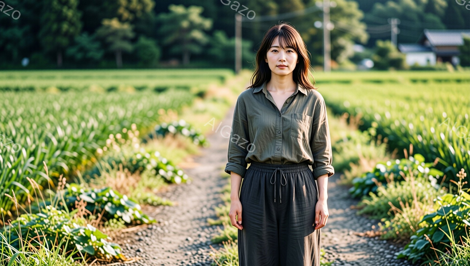 緑豊かな畑の中を歩く女性が写っている。彼女はカーキ色のシャツとダークグレーのゆったりとしたパンツを着用し、肩までの長さの黒髪を無造作に垂らしている。女性はまっすぐ前を見据え、落ち着いた表情で、周囲の自然に溶け込むような穏やかな雰囲気を醸し出している。