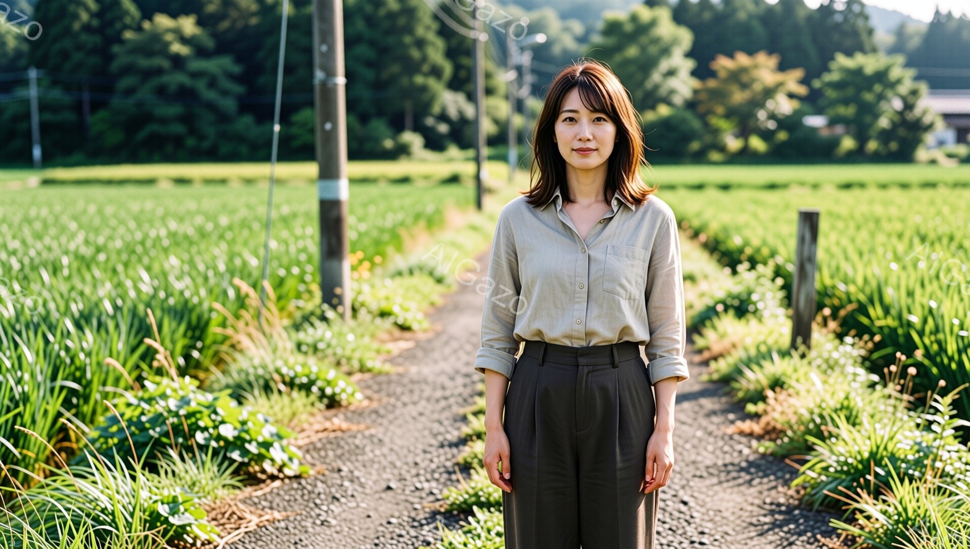 画像には、緑豊かな畑の中を走る砂利道に立つ女性が写っています。彼女はベージュのシャツとダークブラウンのワイドパンツを着用し、肩までの長さの髪は自然なカールで、穏やかな表情を浮かべています。背景には、青々とした作物が広がり、遠くには緑の丘が見え、晴れた日の穏やかな田園風景を描いています。