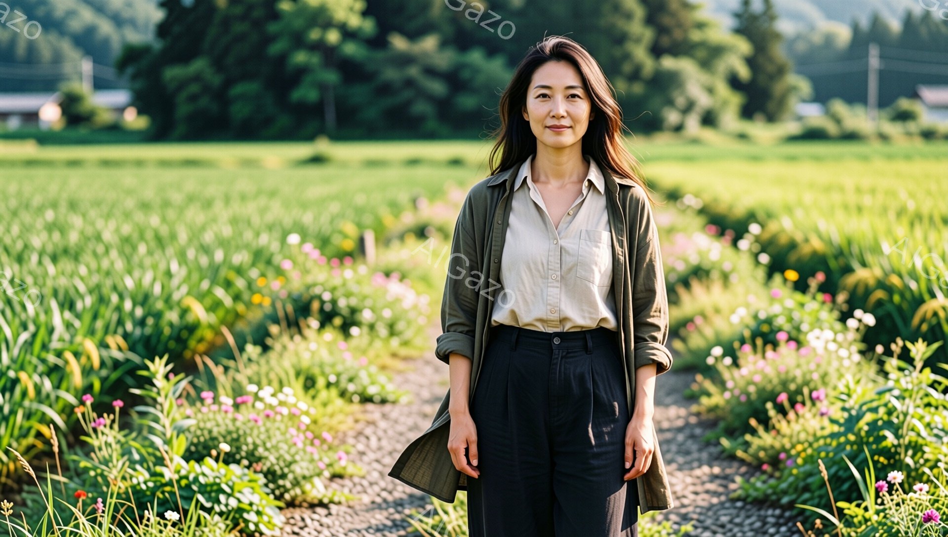 長い髪を自然に垂らした女性が、緑豊かな畑の中央をまっすぐに立っている。オリーブグリーンのシャツと黒のパンツを身につけ、リラックスした表情で、穏やかな雰囲気を醸し出している。背景には色とりどりの花が咲き乱れ、遠くには建物と山々が見え、晴れた日の穏やかな自然を感じさせる。