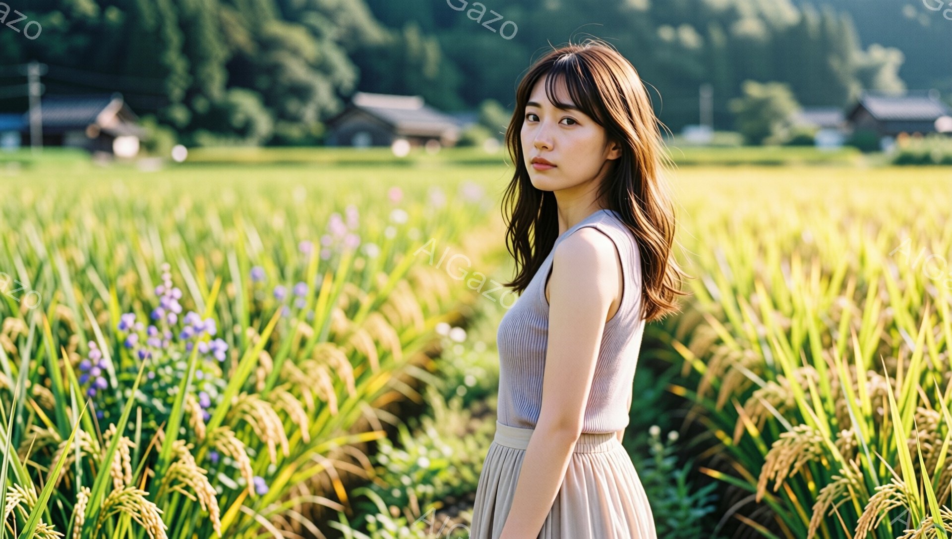 長い茶色の髪を肩で分けている女性が、ベージュ色のワンピースを着て、稲田の中に立っています。彼女は少し横を向き、穏やかな表情で遠くを見つめています。背景には緑豊かな稲畑と日本の伝統的な家屋が見え、晴れた日の穏やかな雰囲気が漂っています。