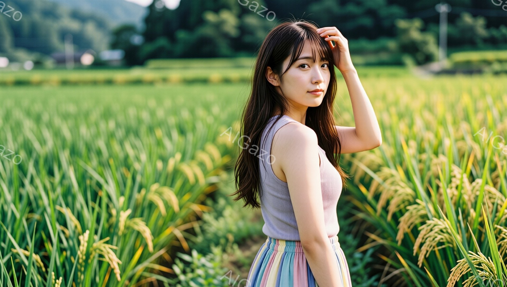 長い茶色の髪をした若い女性が、水田の中に立っています。彼女は薄紫色のタンクトップと、虹色のストライプのスカートを着ており、片手を額に当てて少し振り返っています。背景には緑豊かな田んぼと遠くの山々が見え、晴れた日の穏やかな雰囲気が漂っています。