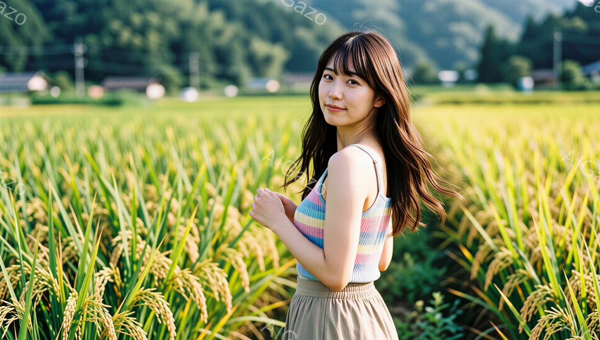 若い女性が、背の高い稲穂が揺れる田んぼの中に立っている。彼女はストライプのタンクトップとベージュのスカートを着用し、少し微笑みながらこちらを見ている。背景には緑豊かな山々と、遠くに見える建物がぼんやりと確認でき、穏やかで平和な夏の日の雰囲気が漂っている。