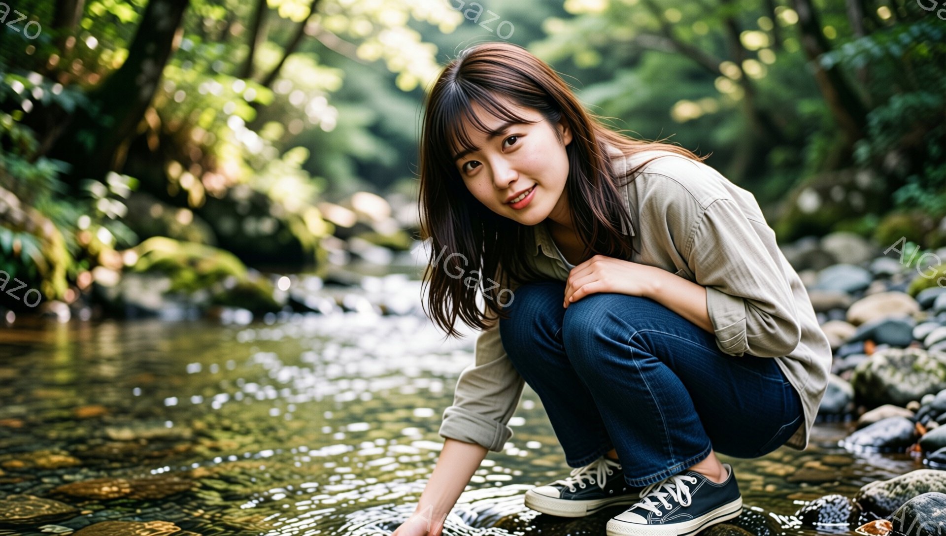 若い女性が、川のそばにしゃがみこんで何かを見ている。ベージュ色のシャツと濃いデニム、そして白と黒のスニーカーを身に着けており、髪は肩までの長さで、前髪が目にかかっている。背景には緑豊かな木々が生い茂り - AI生成フリー素材