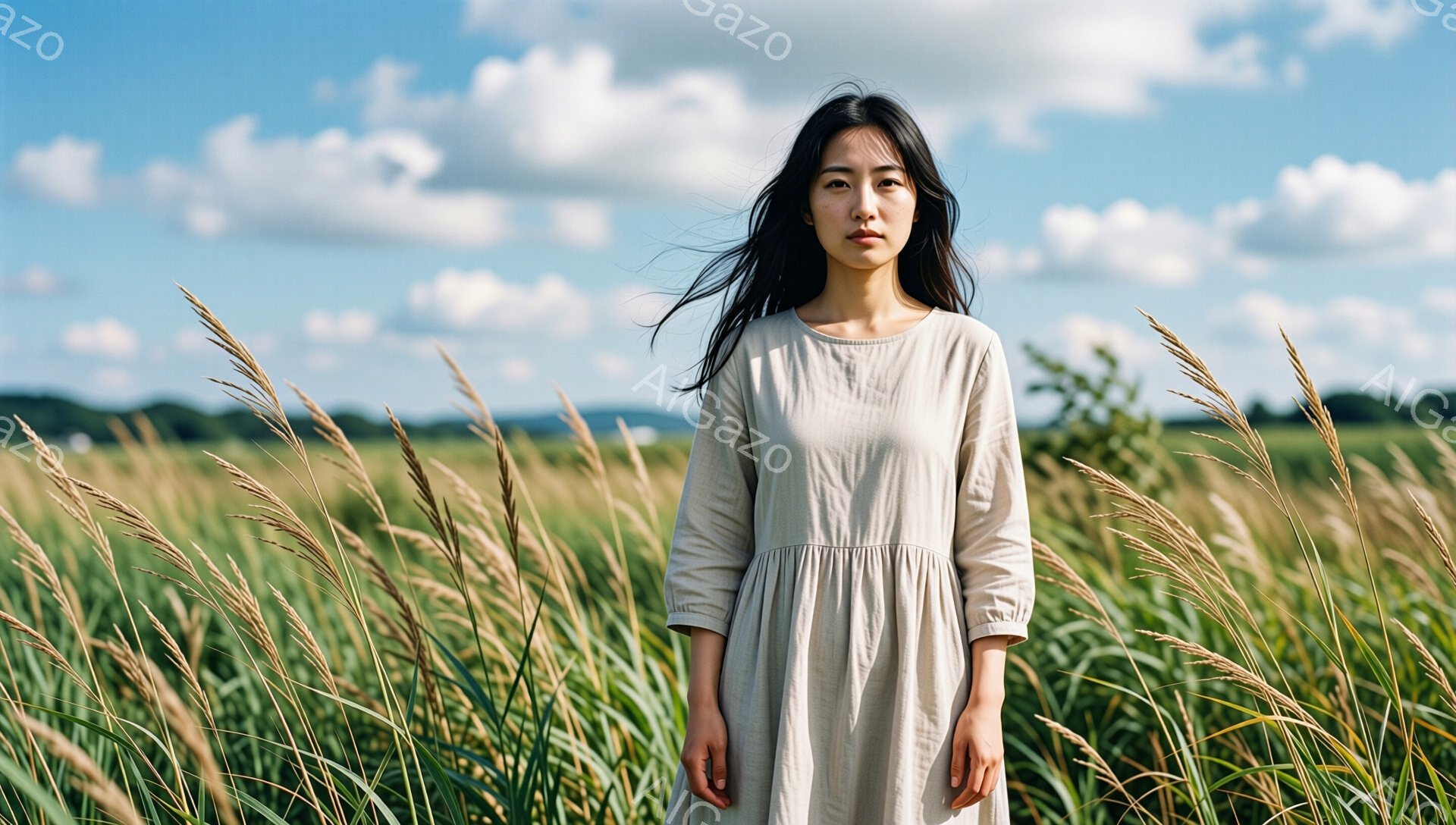長い黒髪を風になびかせ、ベージュ色のゆったりとしたワンピースを着た女性が、背の高いススキの草原に立っている。彼女は正面をまっすぐ見て、落ち着いた、どこか憂いを帯びた表情をしている。空は晴れ、白い雲が浮かび、背景には緑の丘が見える、自然豊かな風景だ。