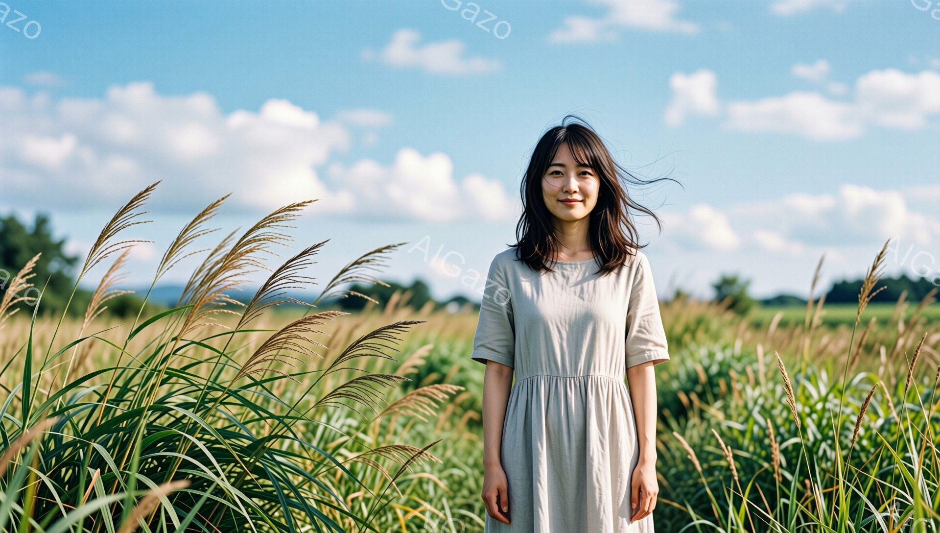 画像には、背の高いススキの野原に立つ若い女性が写っています。彼女はベージュ色のゆったりとしたワンピースを着ており、肩まで届くダークブラウンの髪は風になびいています。穏やかな笑顔を浮かべ、リラックスした姿勢でカメラを見つめており、背景には青空と白い雲が広がっています。