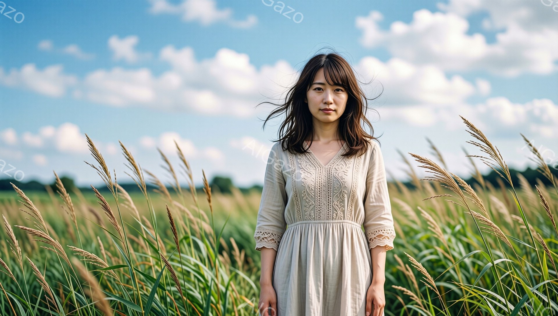 長い髪の女性が、背の高いススキの野原に立っている。ベージュ色のレース装飾のあるワンピースを着ており、顔は穏やかで少し微笑んでいるように見える。空は青く、白い雲が広がり、暖かく穏やかな雰囲気を醸し出している。