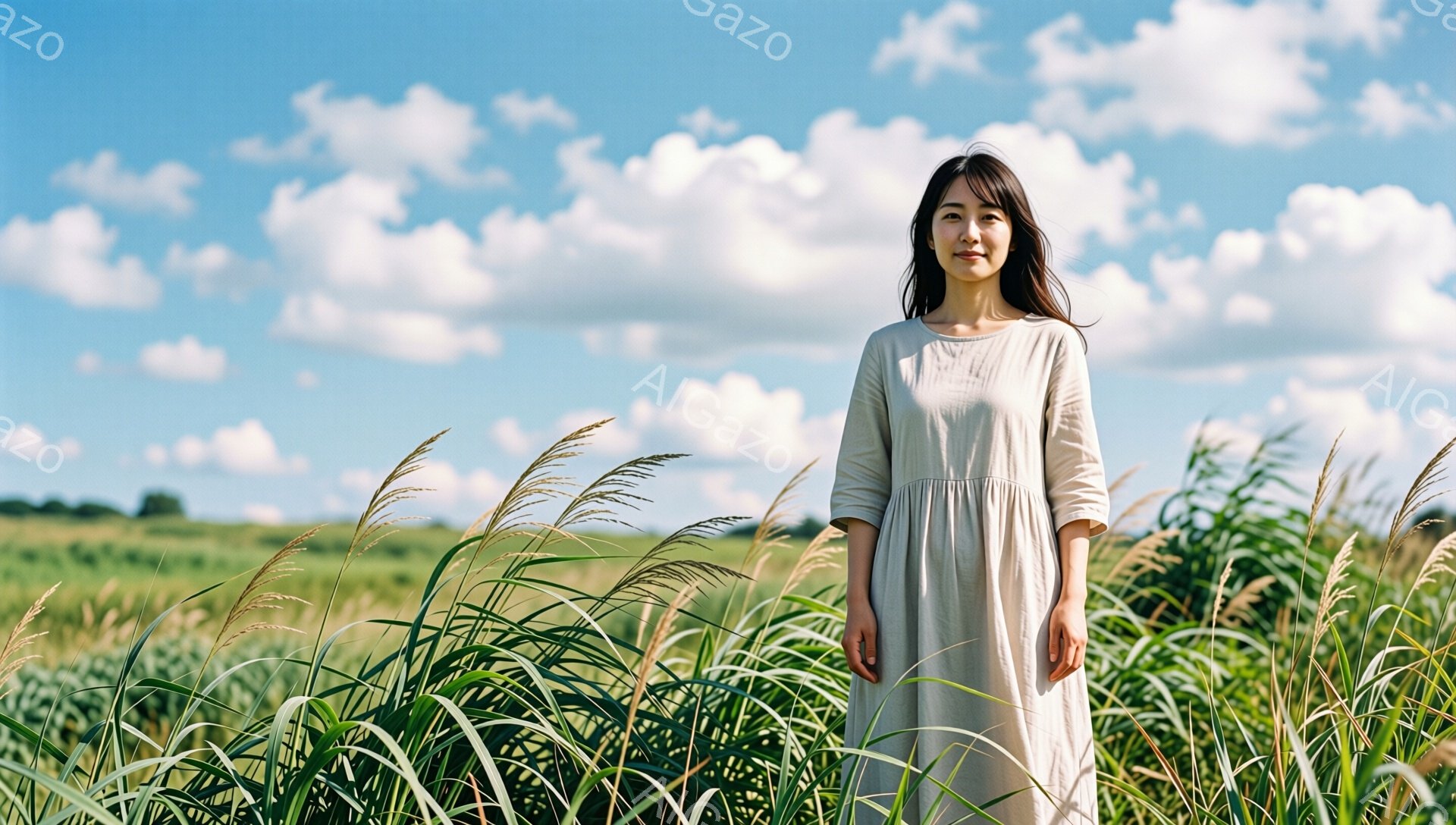 長い黒髪をセンターパートにした女性が、クリーム色のゆったりとしたワンピースを着ています。彼女は穏やかな表情で、わずかに微笑んでいるように見え、自然の中でリラックスした様子です。背景には背の高い草が広がり、青空に白い雲が浮かぶ、穏やかで牧歌的な風景が広がっています。