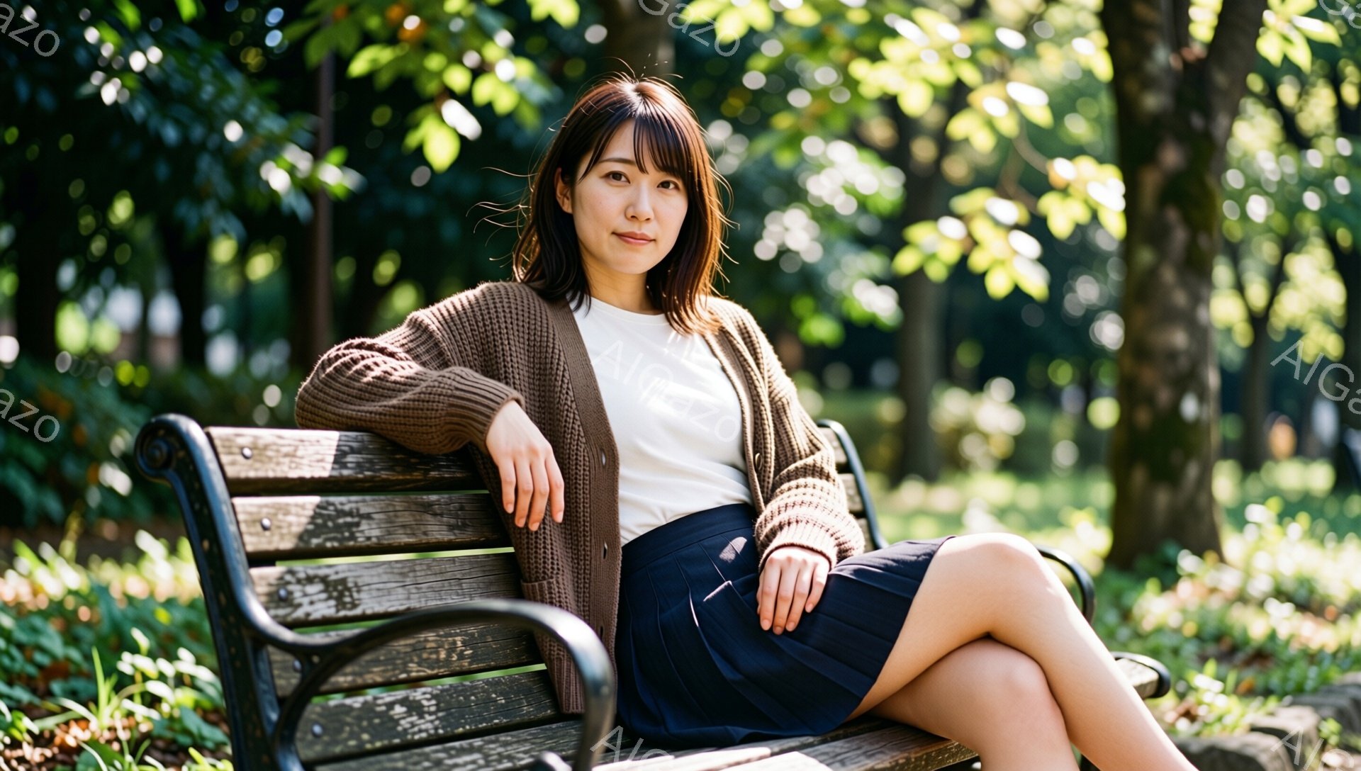 明るい緑色の背景に、茶色のカーディガンと白いTシャツを着た若い女性がベンチに座っています。彼女は紺色のプリーツスカートを履き、軽く微笑んでいます。背景には木々が生い茂り、光が差し込んでおり、穏やかでリ - AI生成フリー素材