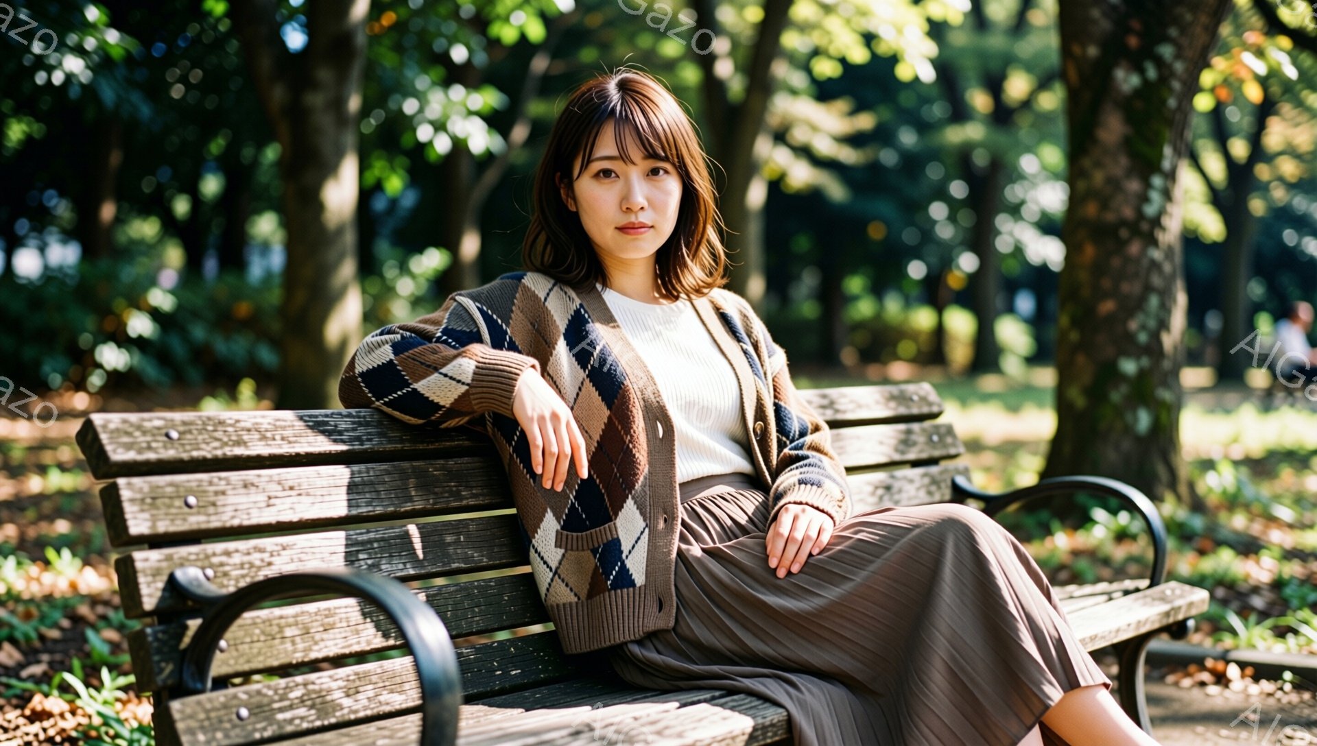 彼女は公園の木製のベンチに座り、キャメル色の菱形模様のカーディガンとプリーツスカートを身に着けている。少し微笑んだ表情で、リラックスした様子が伺える。背景には緑豊かな木々が広がり、穏やかな日差しが差し - AI生成フリー素材