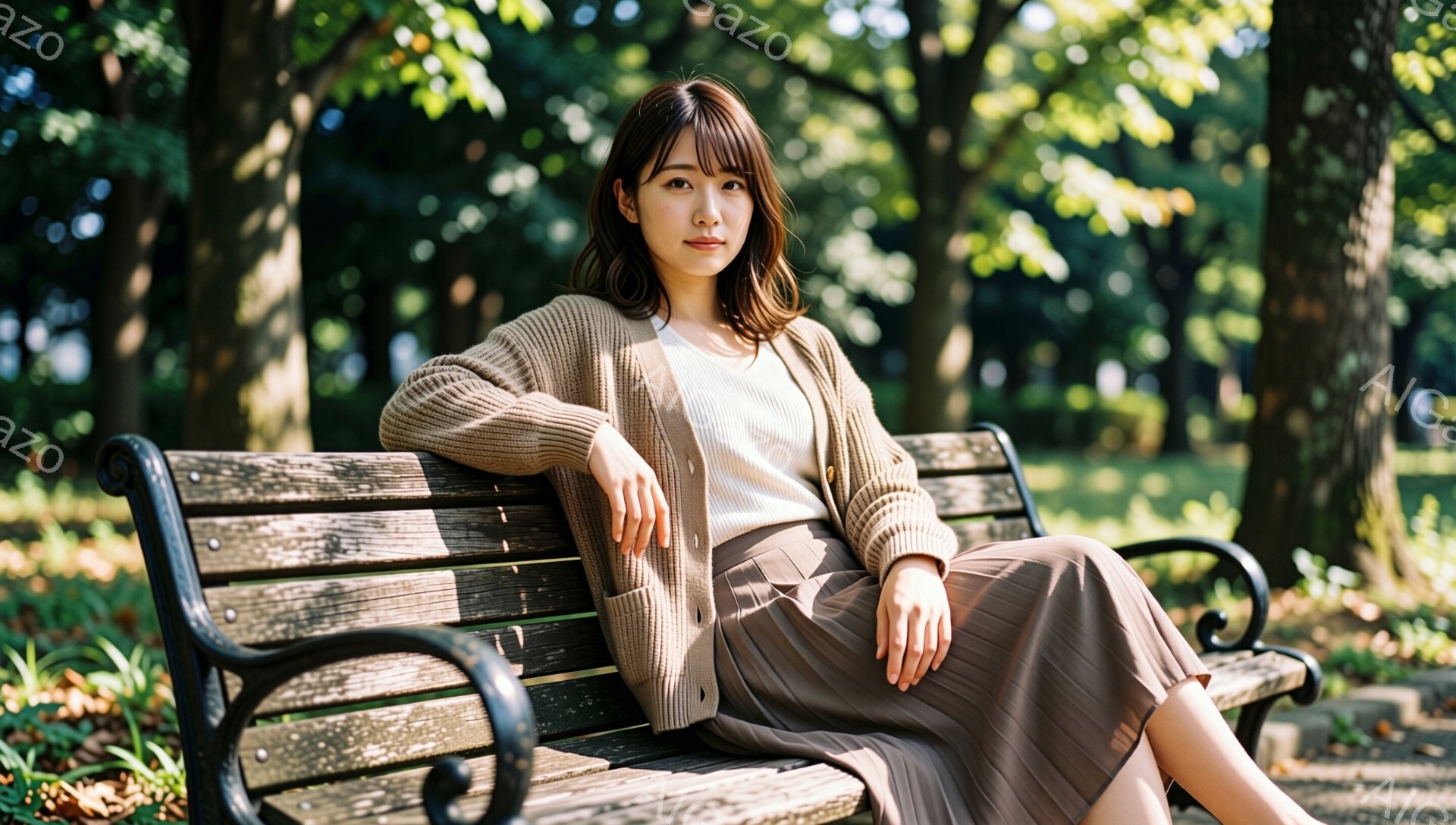 公園のベンチに座る若い女性が写っている。ベージュのカーディガンに、明るい色のインナーと、落ち着いた茶色のプリーツスカートを着用しており、髪は肩にかかる程度の長さで、軽く内巻きになっている。彼女はリラッ - AI生成フリー素材