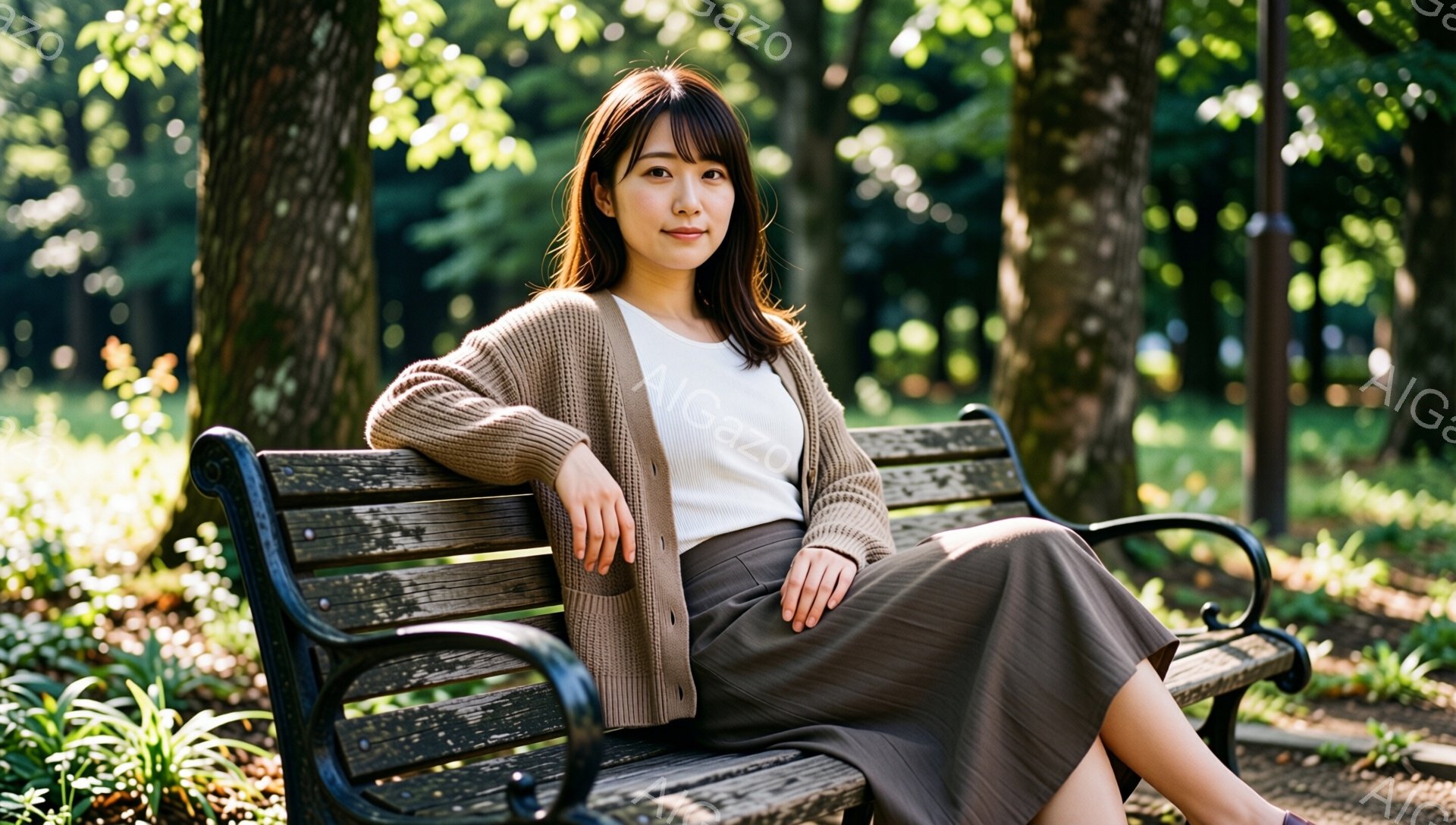 画像には、公園のベンチに座っている若い女性が写っています。彼女は白いTシャツの上にベージュのカーディガンとスカートを着用し、肩まで伸びた茶色の髪は軽くカールしています。穏やかな微笑みを浮かべ、リラックスした姿勢で、背景には緑豊かな木々と柔らかな光が広がっています。