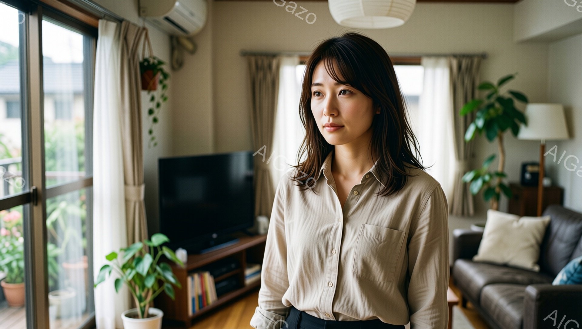 明るい室内で、茶色のシャツを着た女性が立っている。彼女は少し考え込んでいるような表情で、視線は少しずらしている。背景にはテレビやソファ、植物が見え、窓からは穏やかな日差しが差し込んでいる。