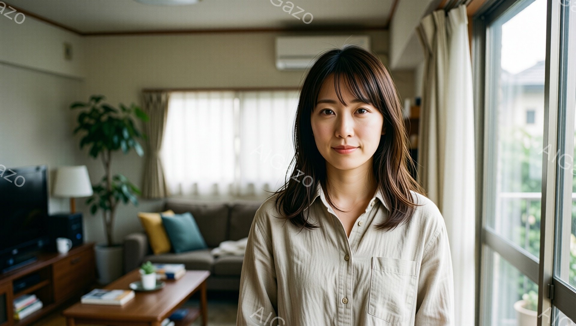 長い茶色の髪で、前髪が目にかかる女性が、ベージュ色のシャツを着て立っています。彼女は穏やかな表情で、リラックスした姿勢です。背景には、ソファと観葉植物のあるリビングルームがあり、窓からは緑が見え、明るく穏やかな雰囲気です。
