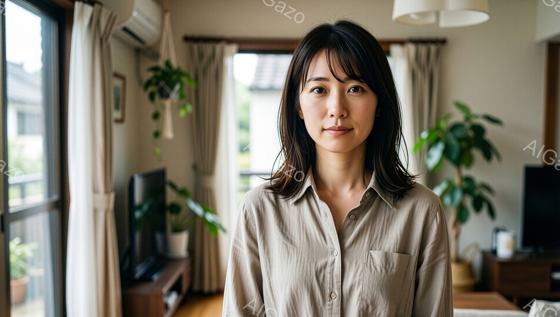 この女性は、ベージュ色のボタンダウンシャツを着て、肩までの長さのダークブラウンの髪をしています。彼女は正面をまっすぐ見ていて、穏やかで控えめな表情をしています。背景には、植物や家具が見えるリビングルームがあり、窓からは自然光が差し込んでいます。
