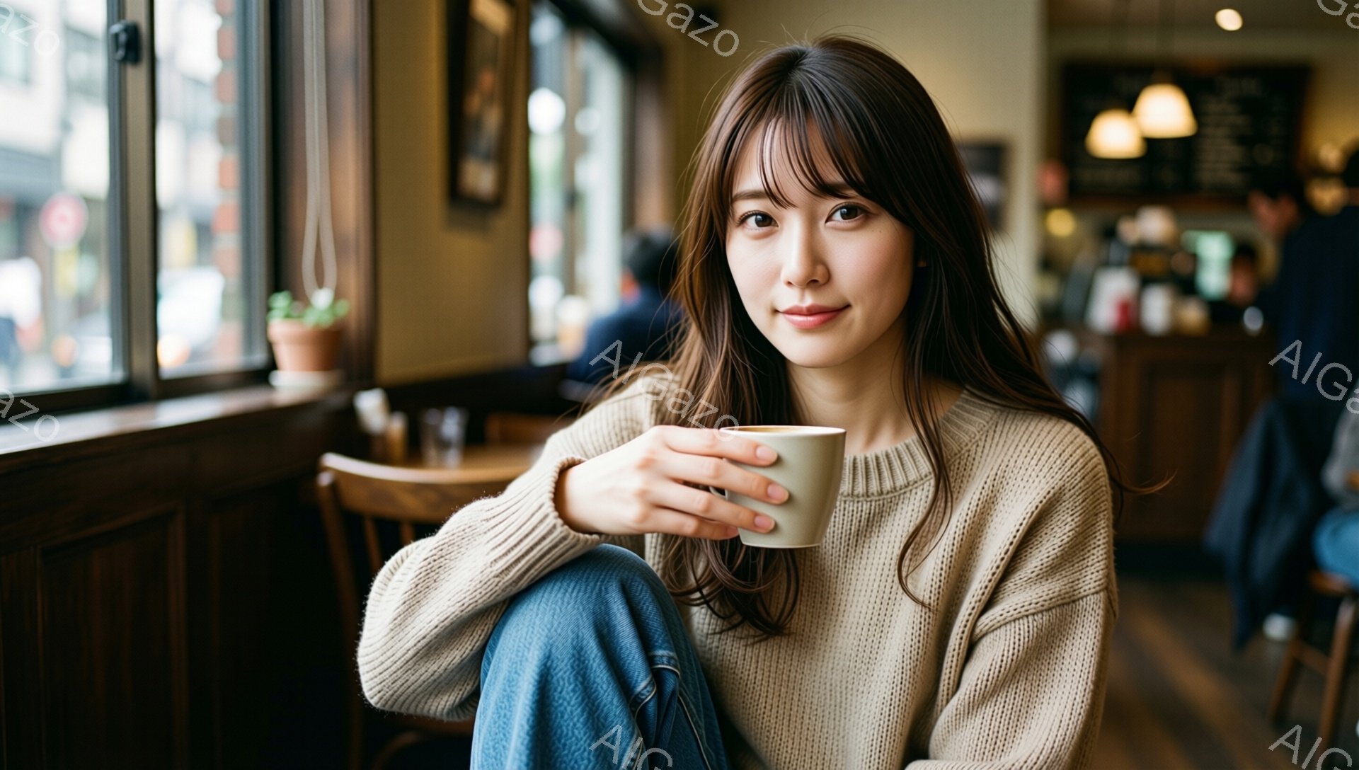 長い茶色の髪を無造作に巻いた女性が、窓際の席で温かい飲み物を手にしている。ベージュのセーターとデニムパンツというカジュアルな服装で、リラックスした表情でこちらを見ている。背景には、カフェの暖かな内装と - AI生成フリー素材