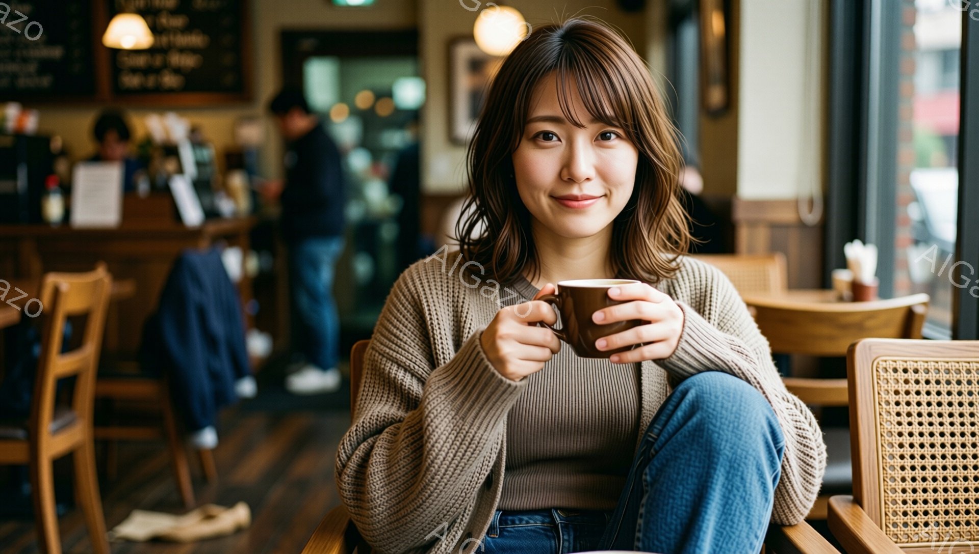 茶髪で前髪が少し長めの女性が、カフェで温かい飲み物を両手で抱え、微笑んでいます。ベージュのニットセーターとデニムパンツを着用しており、リラックスした姿勢で椅子に座っています。背景には他の客やカウンター、そして窓から差し込む光が見え、穏やかで落ち着いたカフェの雰囲気が伝わってきます。