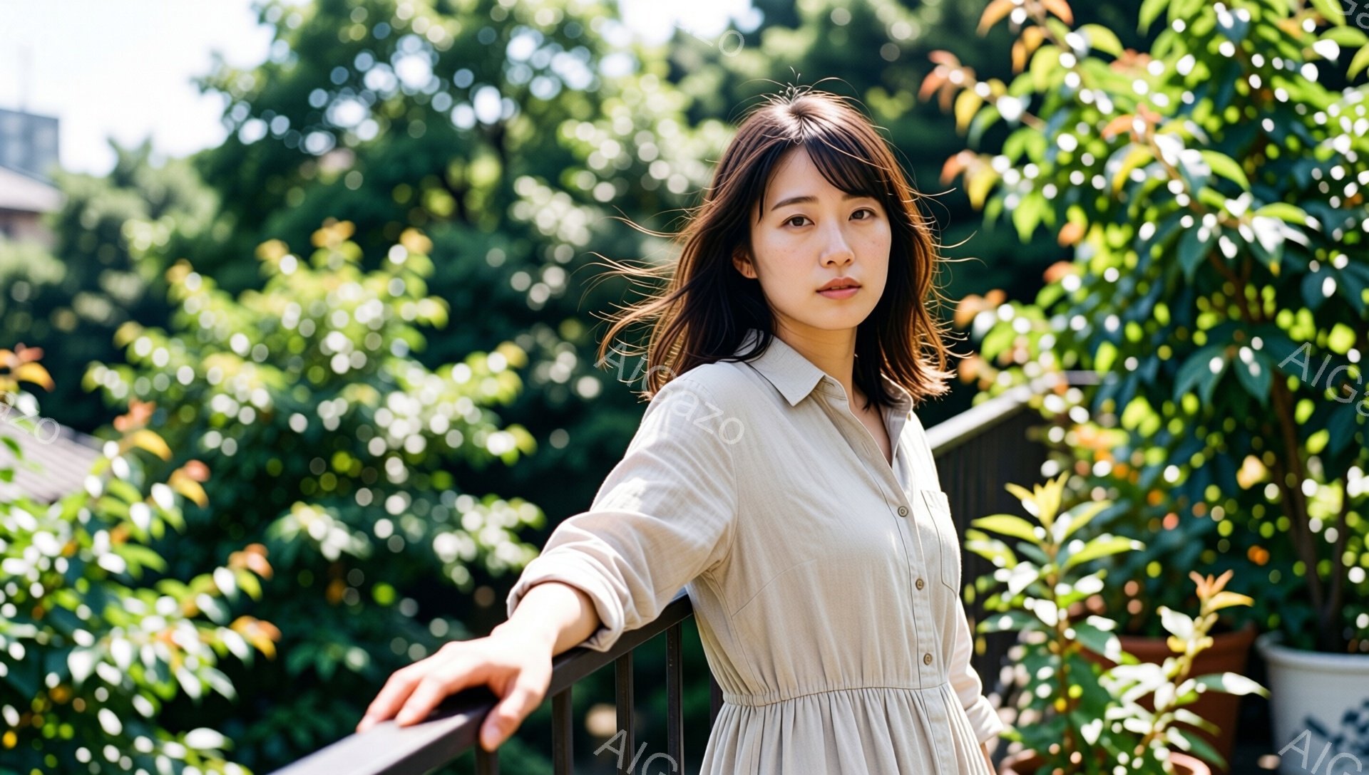 若い女性がベージュ色の長袖ワンピースを着て、バルコニーの手すりに寄りかかっている。彼女はダークブラウンの髪を肩のあたりで切り揃え、少し微笑んでいる。背景には緑豊かな木々と建物が見え、晴天の穏やかな日で - AI生成フリー素材