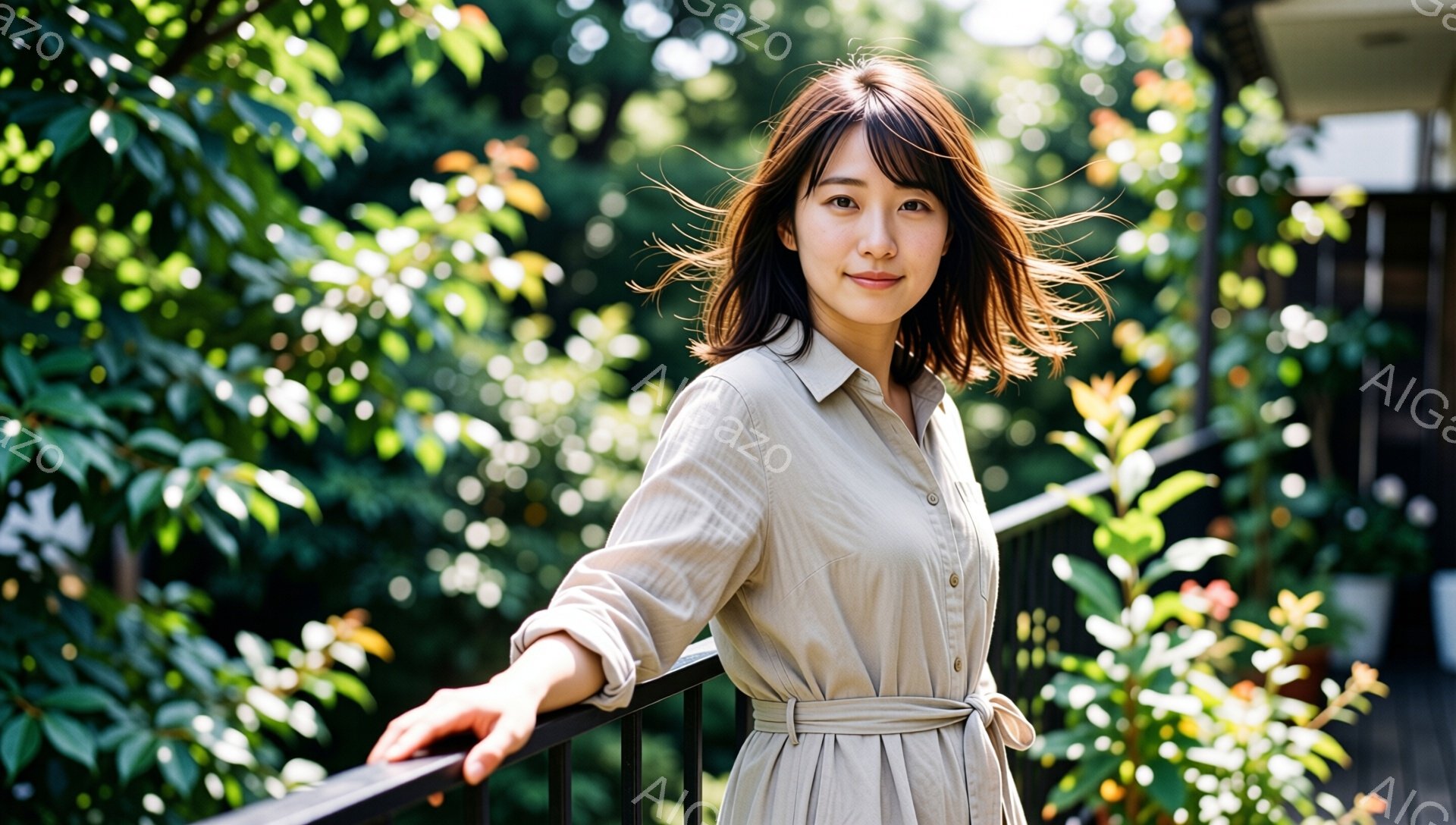 明るい日差しの中、茶色のシャツドレスを着た女性がバルコニーに立っている。彼女は腰にベルトを締め、片手を欄干に置き、軽く微笑んでいる。背景には緑豊かな植物と建物の影が見え、穏やかでリラックスした雰囲気が漂っている。