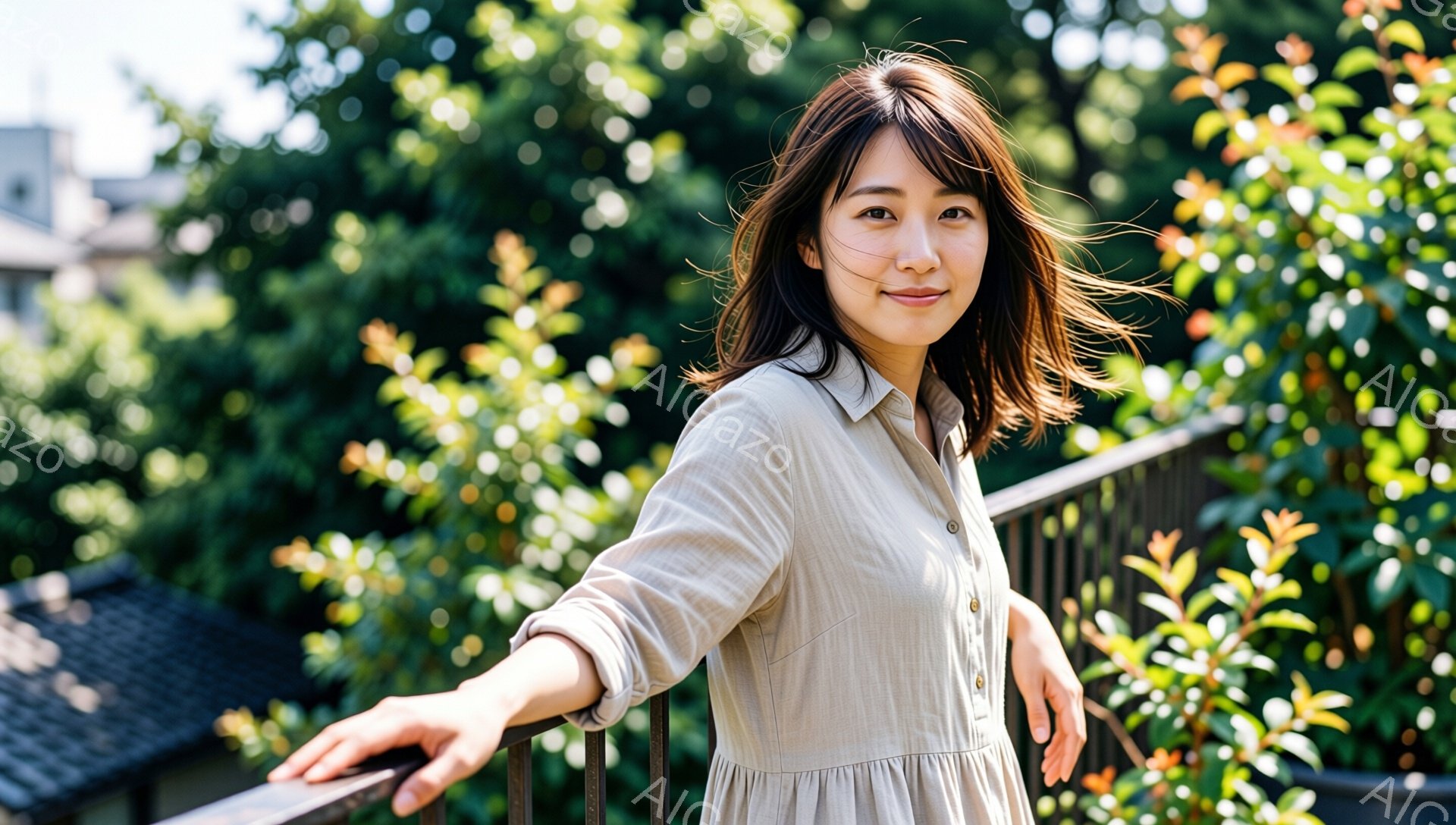 若い女性がベージュ色のシャツドレスを着て、バルコニーの手すりに片手を置き、リラックスした姿勢で立っている。彼女は肩までの長さの茶髪で、穏やかな笑顔を浮かべている。背景には緑豊かな木々や建物が見え、晴天で穏やかな雰囲気が漂っている。