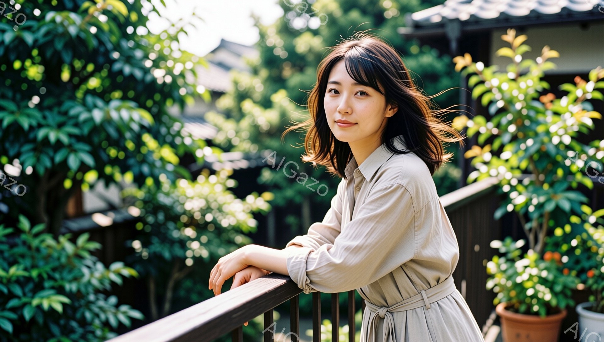 彼女はベージュ色のシャツドレスを着ており、肩まで届くダークブラウンの髪は少しカールしている。彼女はバルコニーの手すりに寄りかかり、穏やかな笑顔でカメラを見つめている。背景には緑豊かな植物と日本の伝統的な建物が見え、晴れた日の穏やかな雰囲気を醸し出している。