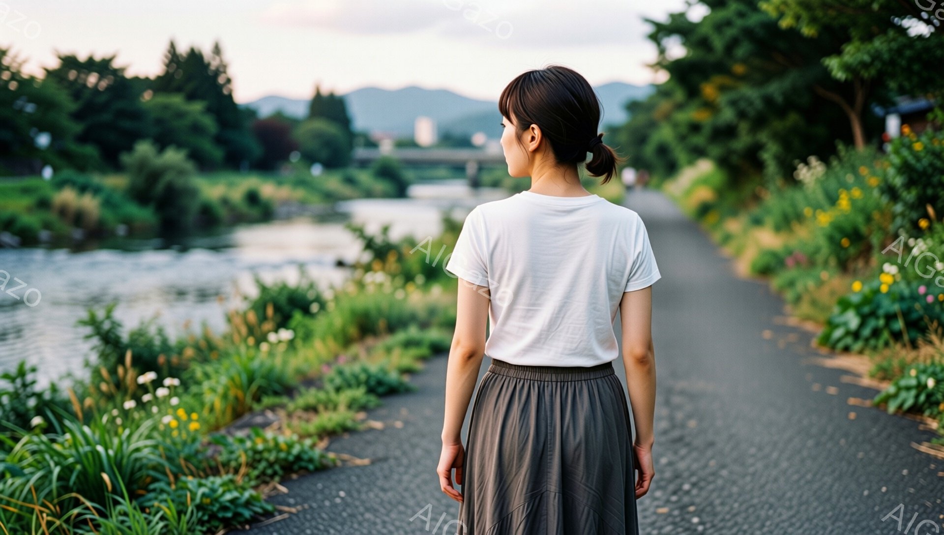 白いTシャツに灰色のスカートを着用した女性が、川沿いの道を歩いている後ろ姿が写っている。彼女は黒髪を後ろで一つにまとめ、穏やかな表情をしているようには見えないが、背中から放たれる雰囲気が静かで落ち着いている。川の周りには緑豊かな草花が生い茂り、遠くには山々がぼんやりと見える、穏やかで平和な風景が広がっている。