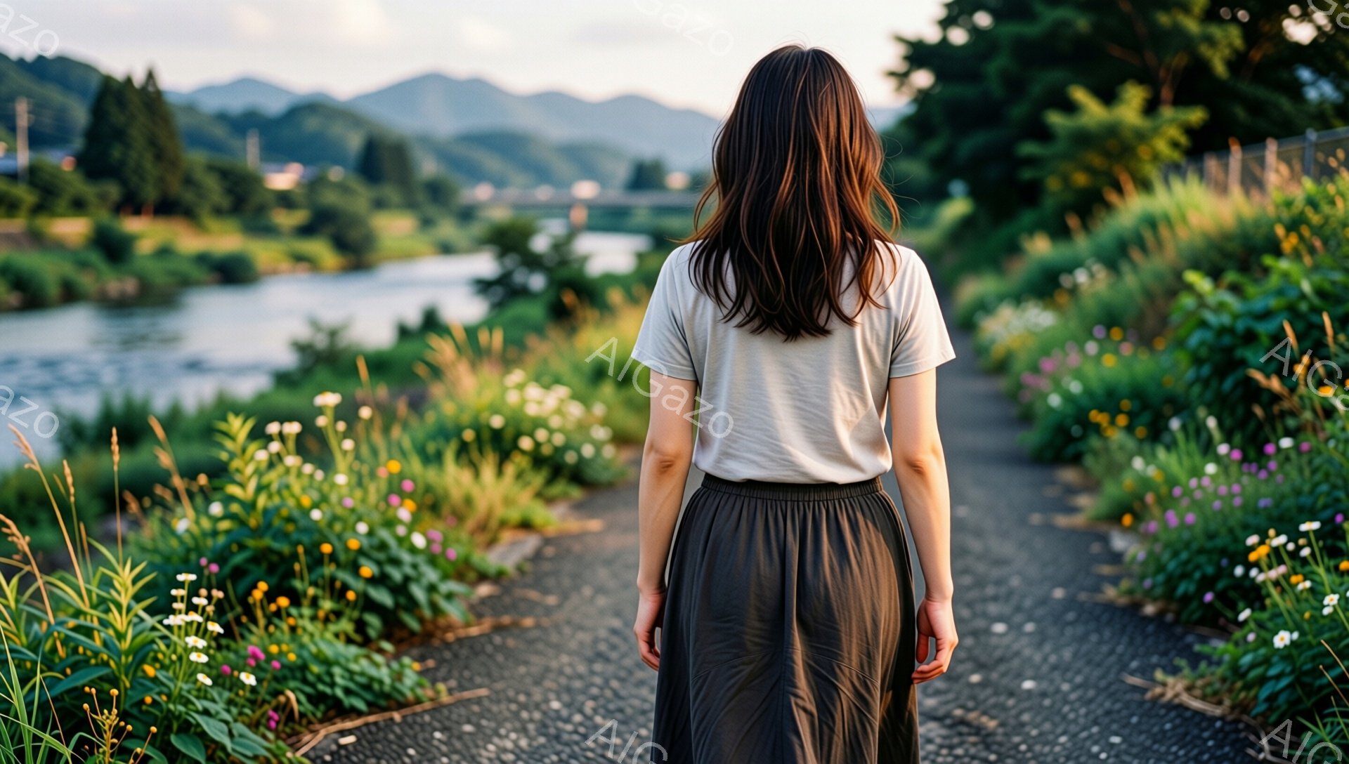 長い茶色の髪の女性が、花壇に囲まれた道を歩いている後ろ姿が見える。彼女はクリーム色のTシャツと、ゆったりとした濃いグレーのスカートを身につけており、リラックスした雰囲気である。背景には川と緑豊かな山々 - AI生成フリー素材