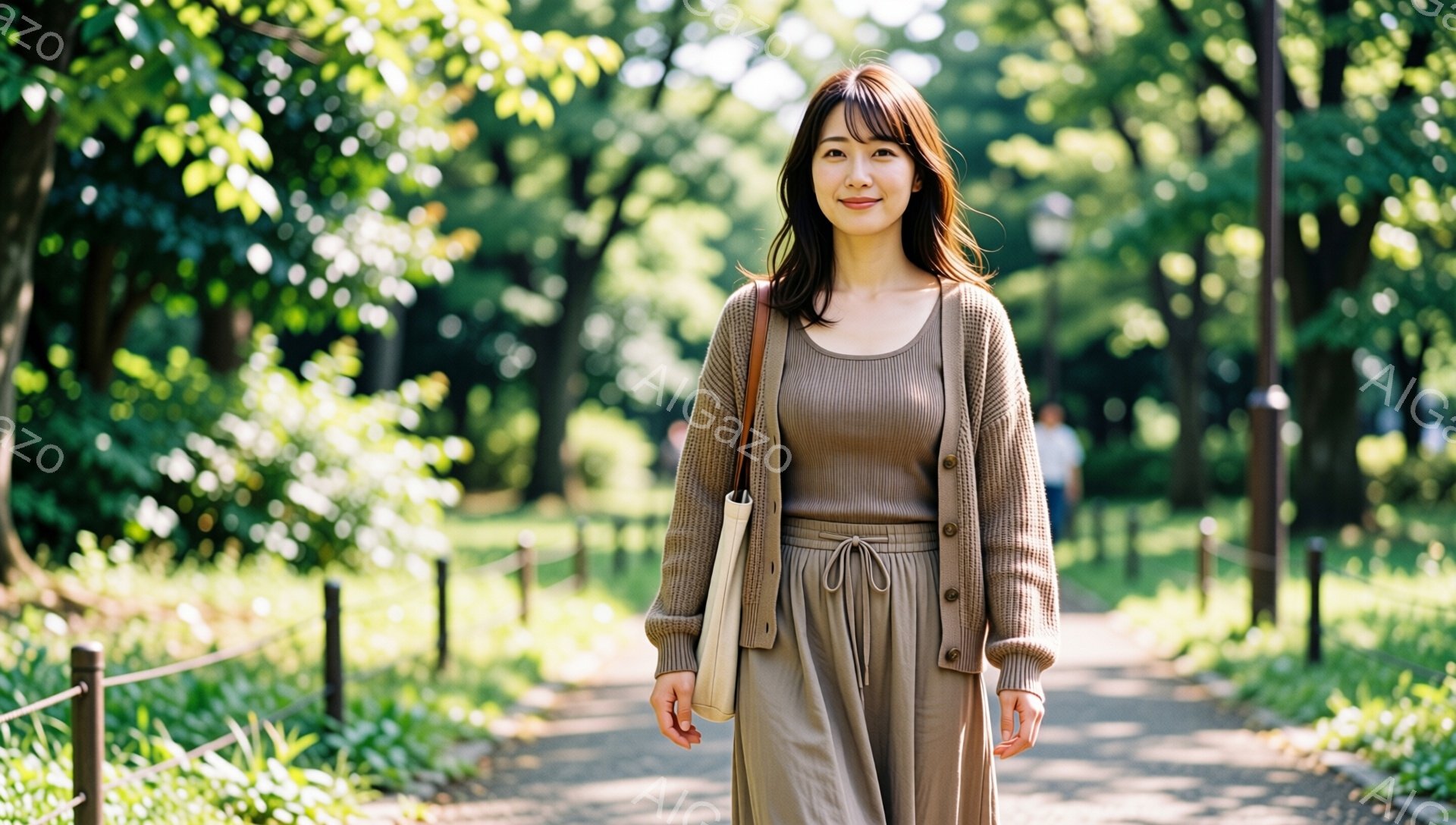 長い茶色の髪を軽く巻いた女性が、ベージュのカーディガンとキャミソール、ゆったりとしたパンツ姿で、公園の遊歩道を正面を見て歩いている。彼女は肩にベージュ色のバッグをかけ、穏やかな笑顔を浮かべており、リラ - AI生成フリー素材