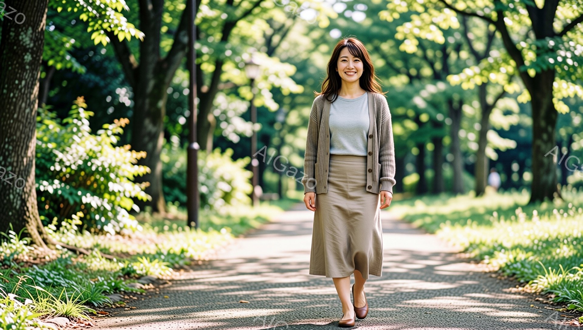 女性は、ベージュのミモレ丈スカートとグレーのTシャツの上にカーディガンを羽織って、遊歩道を歩いています。彼女は微笑んでおり、リラックスした表情で、茶色のローファーを履いています。背景は緑豊かな木々が生い茂る遊歩道で、太陽の光が差し込み、穏やかで心地よい雰囲気が漂っています。