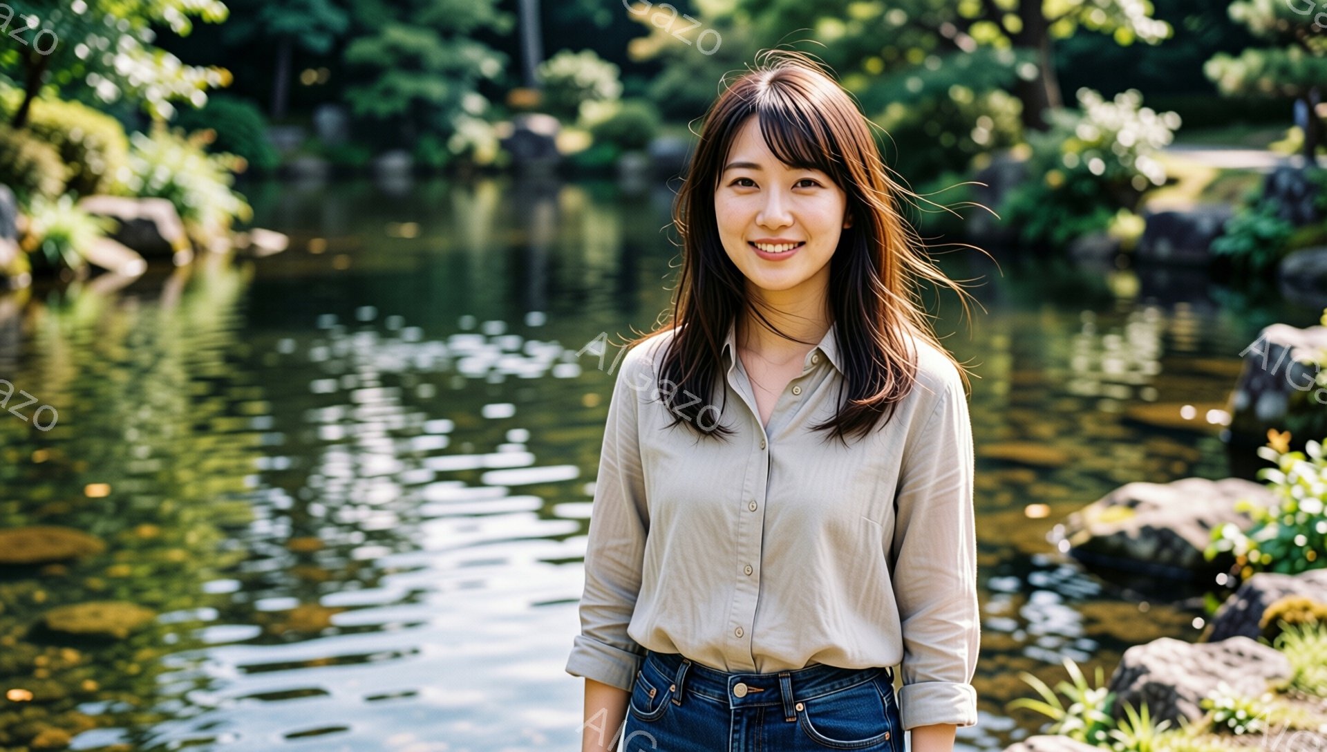 明るい笑顔を浮かべた女性が写っている。ベージュのシャツにデニムのジーンズを着用し、長い髪は肩にかかる長さで、前髪が少しだけ目にかかっている。背景には緑豊かな植物と水面が広がり、穏やかで自然な雰囲気が感 - AI生成フリー素材